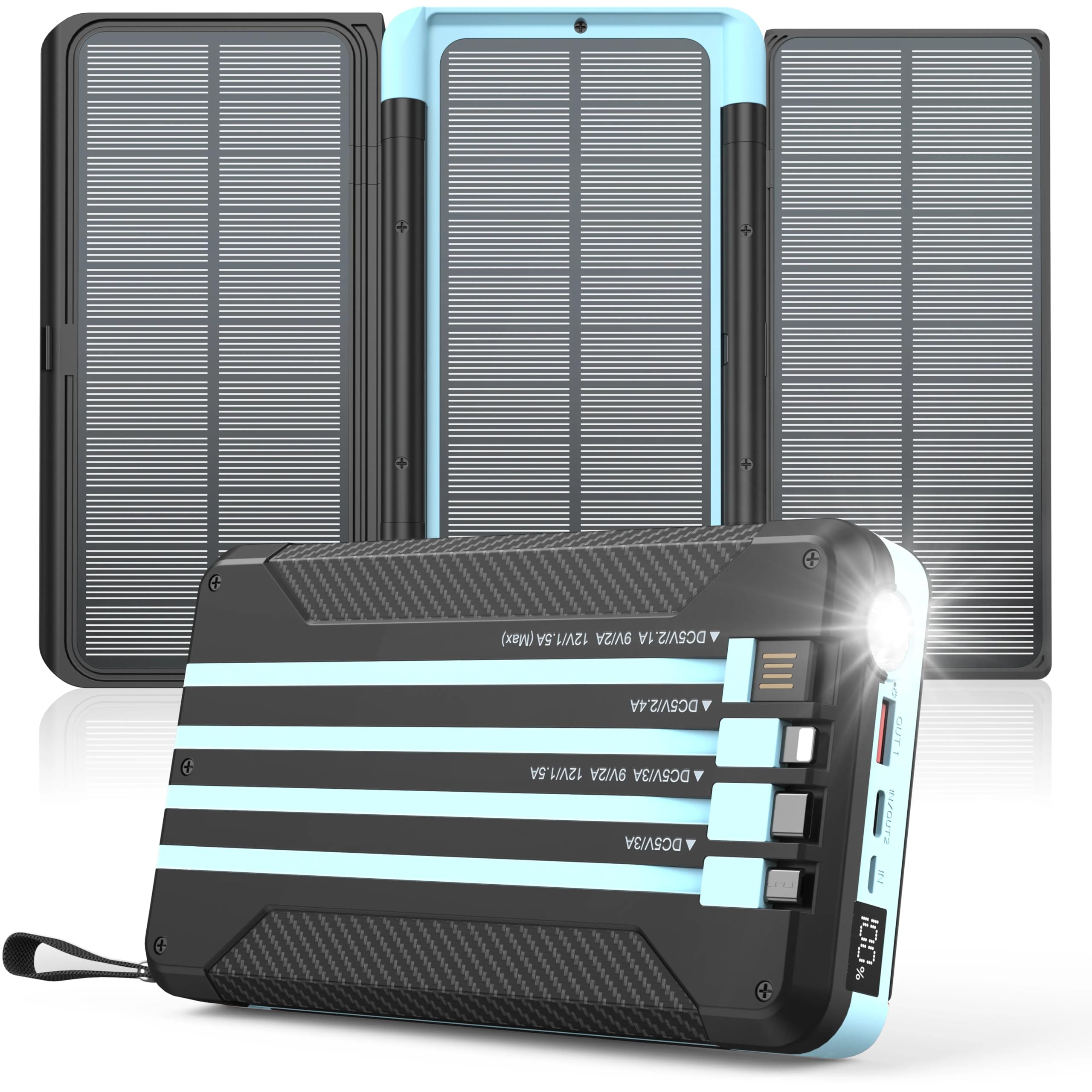 Powerology 16000mAh Solar Multi-Cable Power Bank, PD 20W, Integrated Cables, Lithium Polymer Battery Type, LED Display, Flashlight 1W, Power Display, PD Fast Charge, Patented Design - Black Black 16000mAh Solar