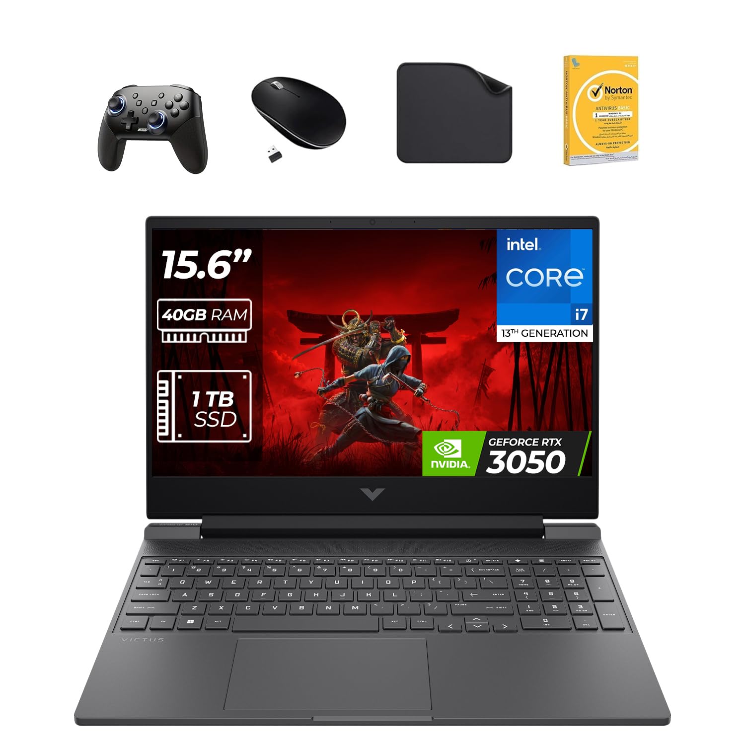 لپتاپ بازی HP 15.6 اینچی ویکتوس - پردازنده Intel i7-13700H نسل 13، گرافیک RTX3050 6GB، رم DDR4 40GB، حافظه داخلی 1TB SSD، ویندوز 11 پرو (شامل کنترلر بازی گیمینگ "1st Wave" + ماوس + آنتی ویروس + فریماوس پد) مدل 15-FA1038NE با 40GB رم و 1TB SSD