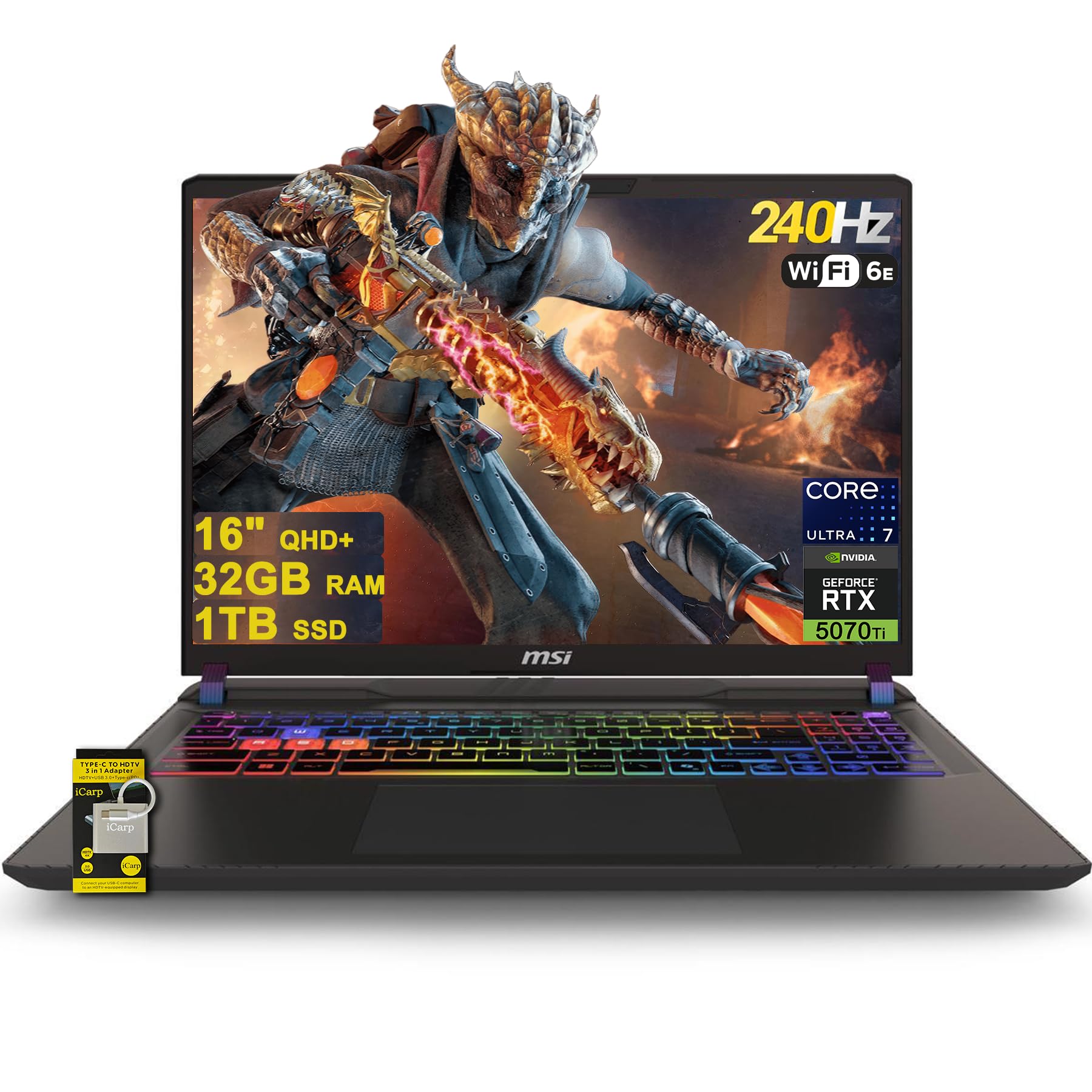 لپ‌تاپ بازی MSI Vector 16 HX AI با صفحه نمایش 16 اینچی QHD+ IPS 240Hz، پردازنده اینتل 20 هسته‌ای Ultra 7 255HX (قدرتمندتر از i9-14900HX)، 32GB رم، 1TB حافظه داخلی SSD، کارت گرافیک GeForce RTX 5070 Ti، نورپردازی RGB، Thunderbolt5، Wi-Fi 6E، ویندوز 11، ICP Hub با Copilot AI PC، 32GB رم، 1TB حافظه داخلی SSD Ultra 7 و RTX 5070 Ti