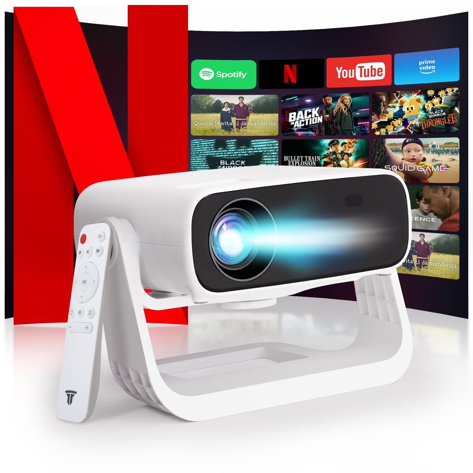 ویدئو پروژکتور هوشمند با برنامه‌های یکپارچه، پشتیبانی از نیتیو 1080P 4K، WiFi 6 و بلوتوث 5.2، استند قابل تنظیم 120 درجه، اصلاح خودکار تراپزوئیدال، پروژکتور سینمای خانگی سازگار با iOS/اندروید سفید استاندارد