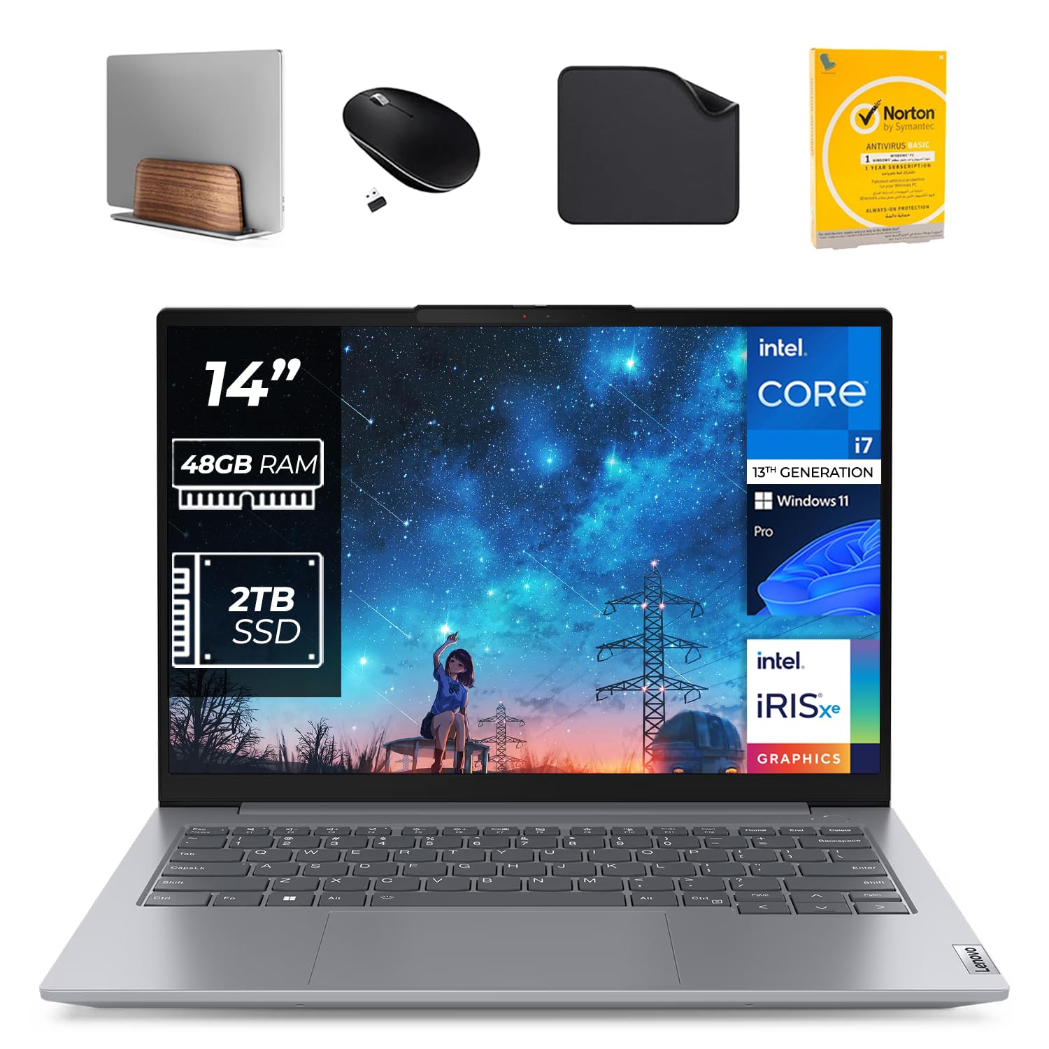 لپ تاپ تجاری لنوو ThinkBook 14 Gen 6 - پردازنده Intel Core i7-13700H نسل ۱۳، گرافیک Intel Iris Xe، ویندوز ۱۱ Pro (شامل ایستاده لپ تاپ موج اول + موس + آنتی ویروس + موس پد) (۴۸ گیگابایت رم | ۲ ترابایت حافظه SSD)