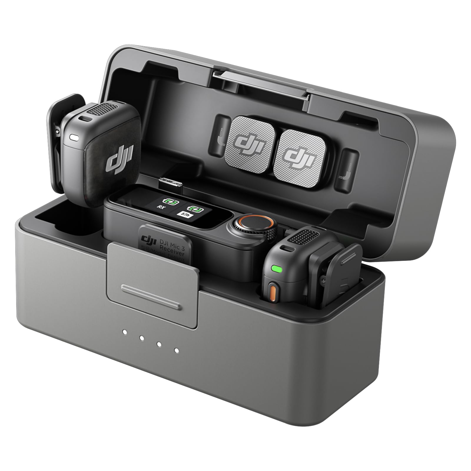 DJI Mic 3 (2 TX + 1 RX + Charging Case), میکروفون بی‌سیم برای آیفون / دوربین / اندروید، کنترل گین تطبیقی حجم متعادل، دو باند ضد تداخل، استفاده 28 ساعته، ورژن امارات متحده عربی با گارانتی رسمی