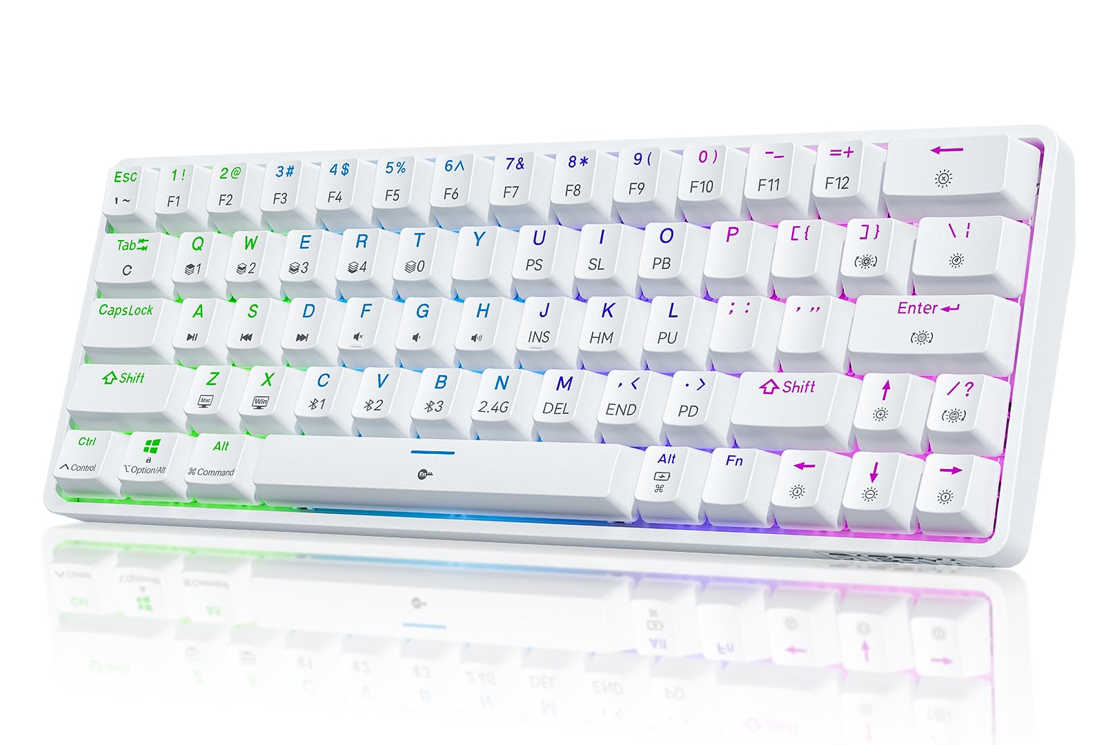 کیبورد بازی مکانیکی بی‌سیم DIERYA DK63 60% با بلوتوث/2.4G/سیمی RGB Backlit Anti-Ghosting، 63 کلید کوچک با سوئیچ قرمز برای لپتاپ و کامپیوتر شخصی ویندوزی بازیکنان تایپیست-سفید Switch قرمز سفید