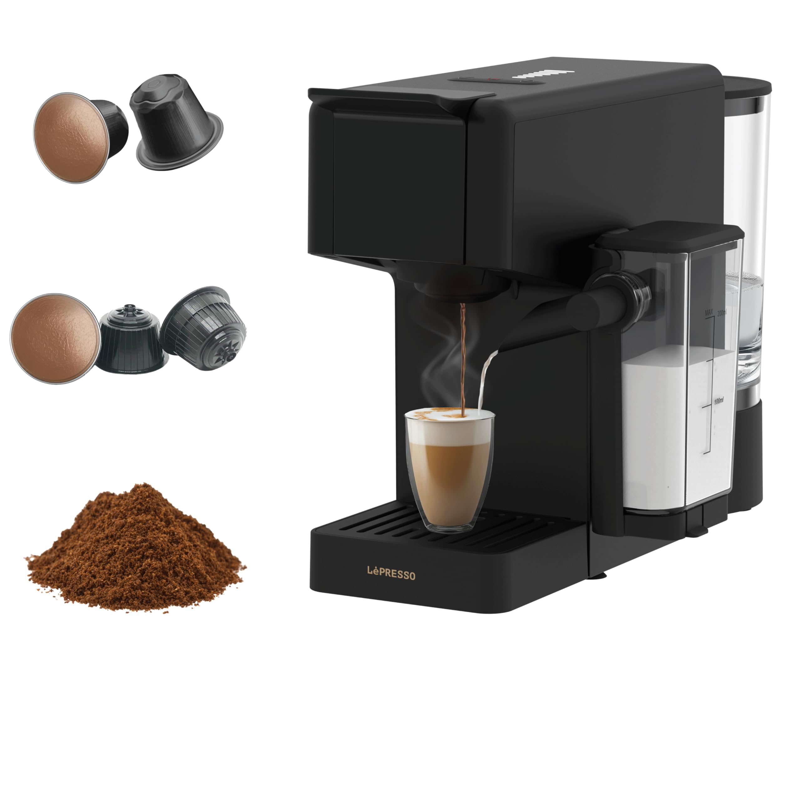 ماشین قهوه LePresso Crema Pro Multi-Capsule با قدرت ۱۴۰۰ وات، دو بویلر، سیستم بخار دهی شیر، ظرفیت ۸۵۰ میلی لیتر، فشار پمپ ۲۰ بار، پشتیبانی از کپسول‌های مختلف، سیستم خاص کرما، خاموشی خودکار - مشکی