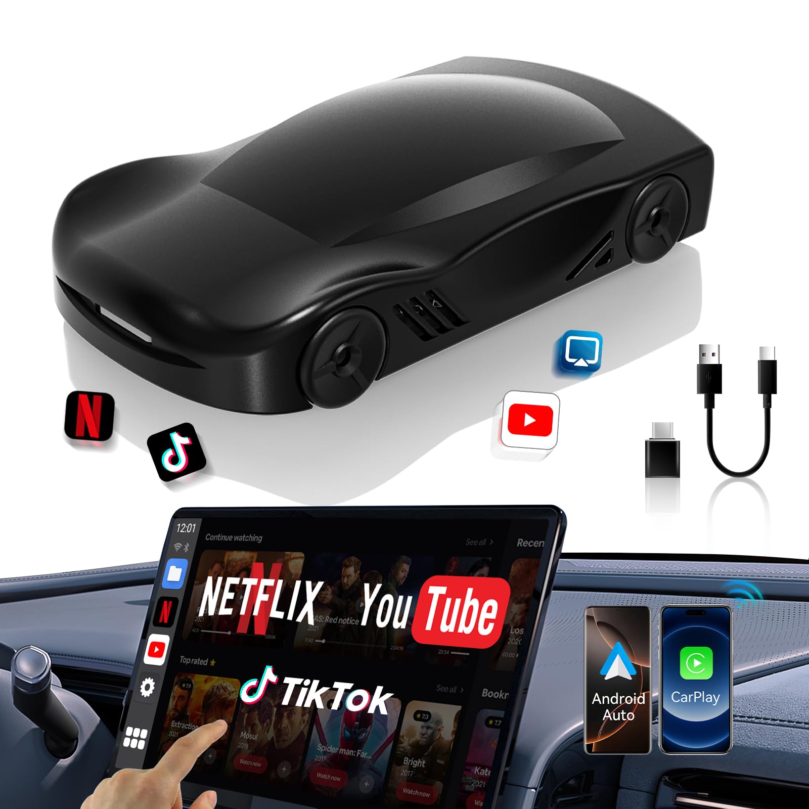 جعبه هوش مصنوع به‌صورت 4 در 1 برای خودرو، آداپتور بی‌سیم CarPlay و Android Auto، سازگار با نتفلیکس/یوتیوب/تیک تاک/لینک آینه‌ای صفحه/کارت TF، مناسب برای خودروهای مجهز به CarPlay سیمی اصلی، قابل اتصال و استفاده، رنگ مشکی