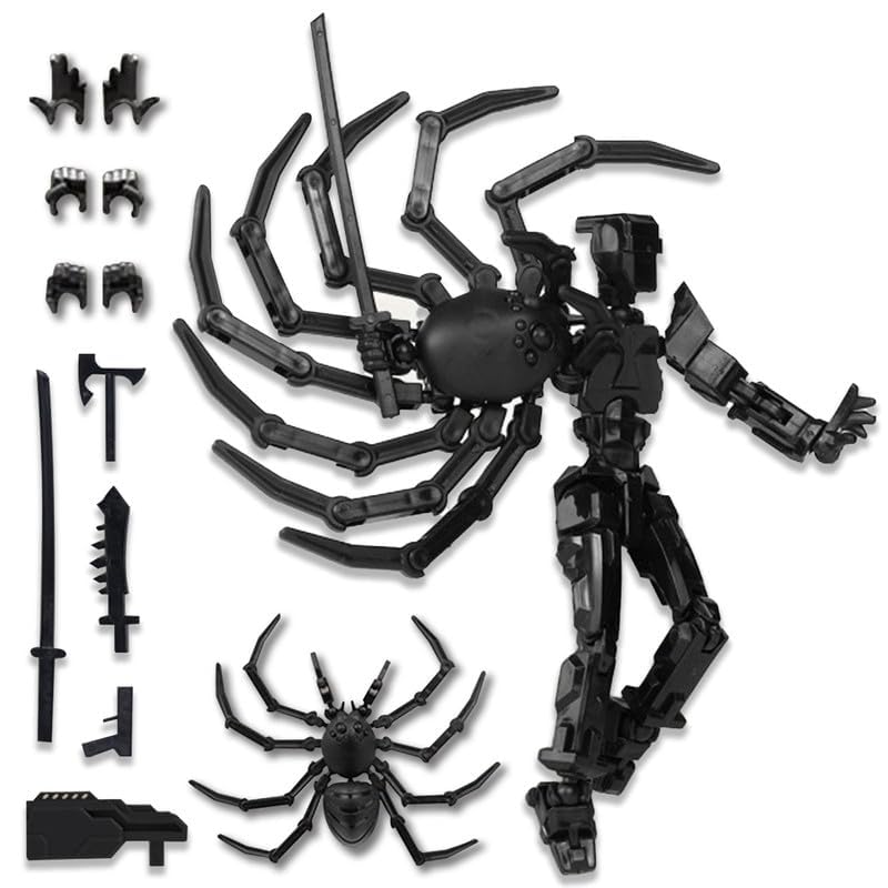 T13 Spider Robot Action Figure, 5.7 Inch 3D Printed Dummy 13 Mecha with Interchangeable Hands & Weapons, Fully Poseable Sci-Fi Robot Model for Display, Drawing & Collectors (Black)