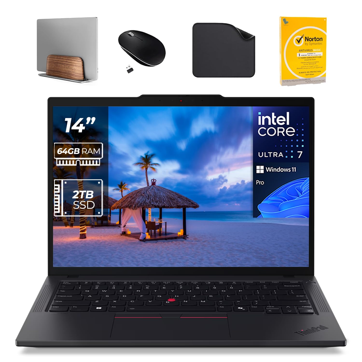 لپ تاپ تجاری لنوو ThinkPad T14 Gen 5 AI - اینتل U7-155U، صفحه کلید با نور پس زمینه، خواننده کارت هوشمند، اثر انگشت، ویندوز 11 پرو (شامل استند لپ تاپ موج اول + موس + آنتی ویروس + موس پد) (64 گیگابایت رم | 2 ترابایت اس اس دی) (ارتقاء یافته)
