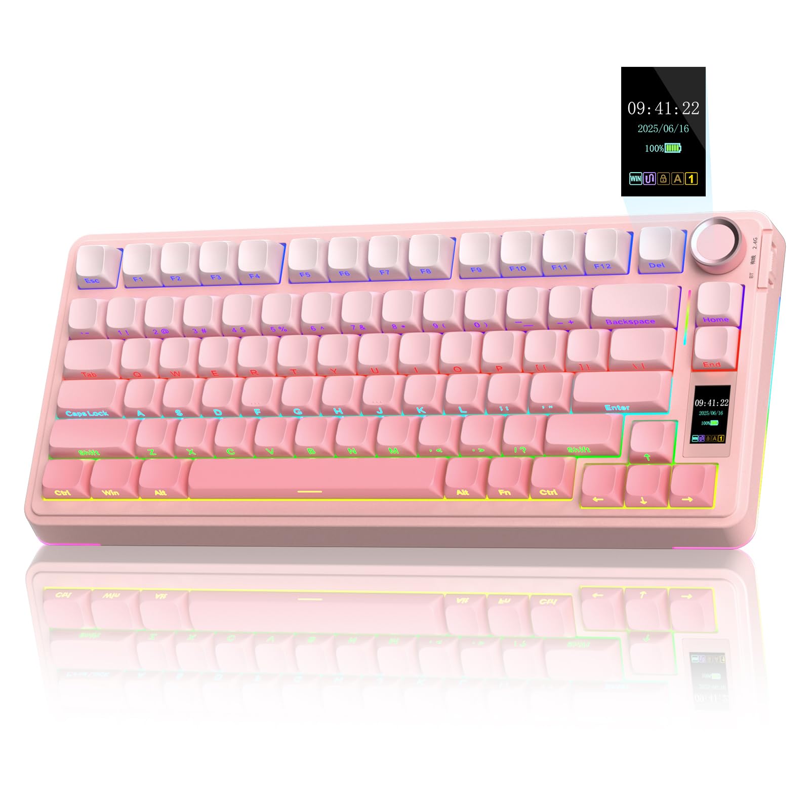 صفحه کلید مکانیکی بی‌سیم AULA S75 PRO با صفحه نمایش و دسته، صفحه کلید بازی کردن قابل تعویض سریع سه حالته 75٪، سوییچ‌ها پیش‌چرب شده، نورپردازی RGB، کلیدهای PBT چاپ شده در کنار، صدای کیبورد کامپیوتری صدای خامه‌ای گرادیان صورتی