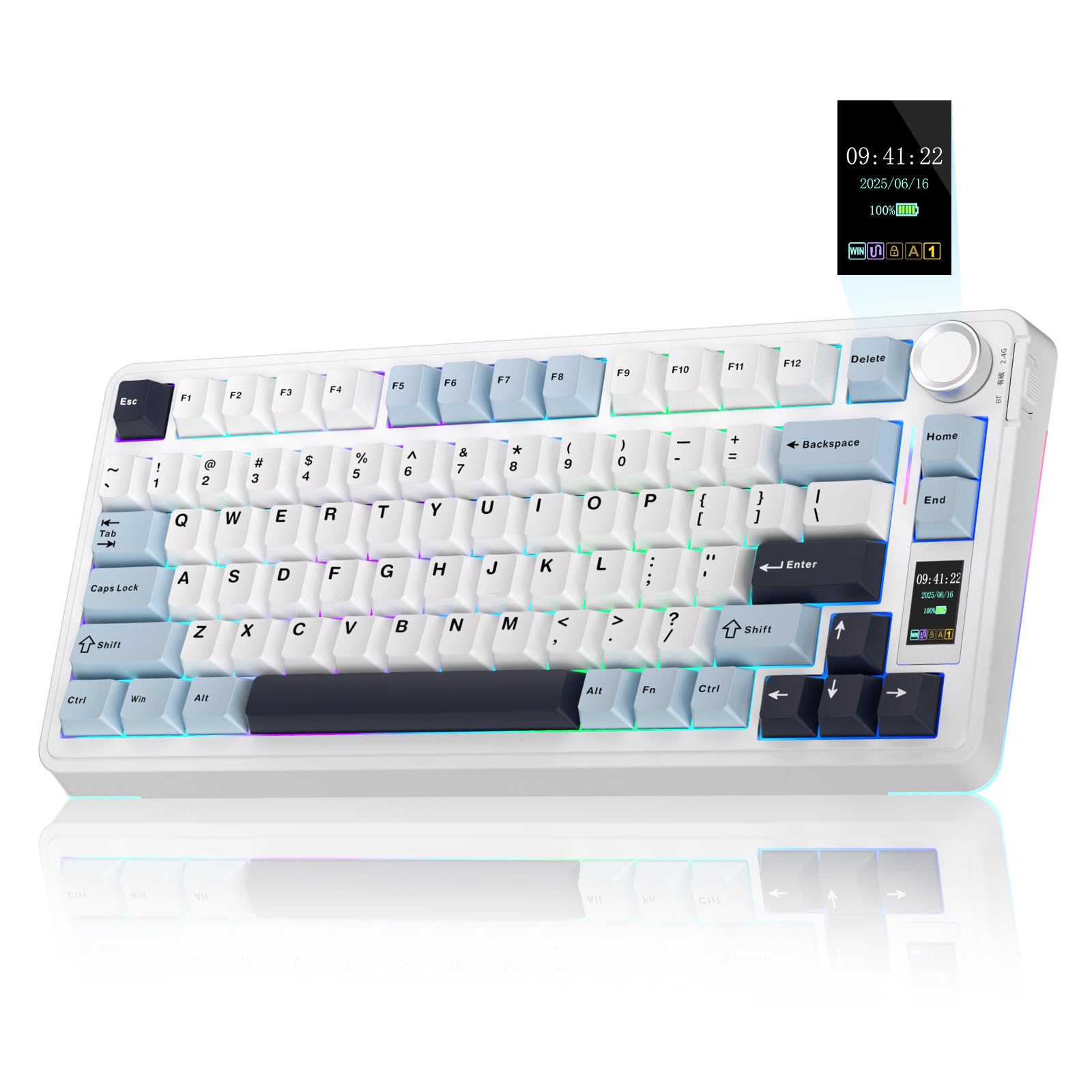 کیبورد مکانیکی بی‌سیم AULA S75 PRO با صفحه نمایش و دیسکم کناب، کیبورد بازی ۷۵٪ Hot Swappable با سوئیچ‌های Pre-lubed، نورپردازی RGB، کی‌کپ‌های PBT، کیبورد کامپیوتر با صدای خوش‌آمدگویی || S75 PRO  آبی یخ‌زده