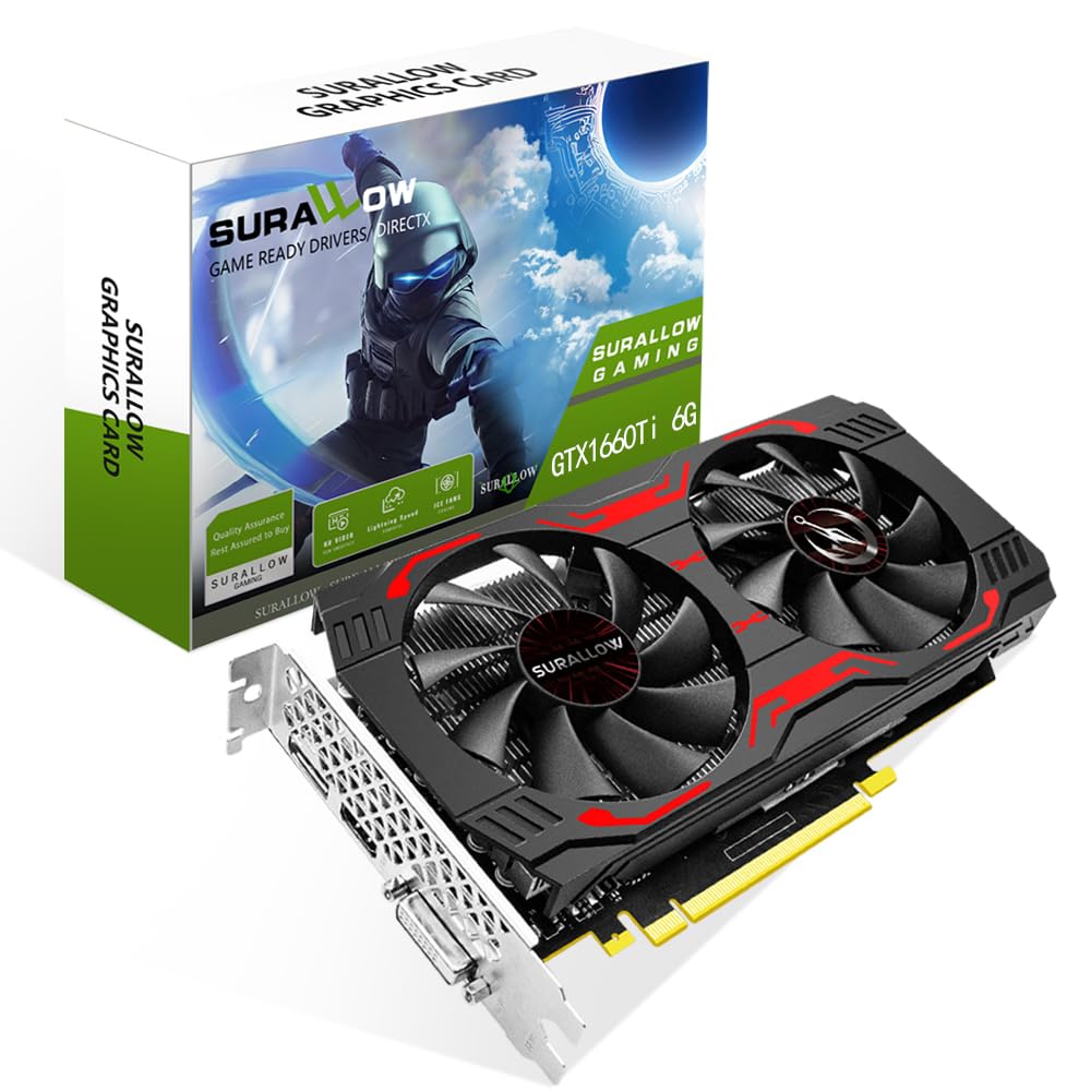 SURALLOW GTX 1660 TI کارت گرافیک 6 گیگابایتی، GDDR6، 192 بیتی، PCIe 3.0 x16 برای کامپیوتر گیمینگ، کارت ویدیویی با دو فن Twin Freeze و پورت‌های HDMI/DP/DVI برای بازی، رنگ سفید