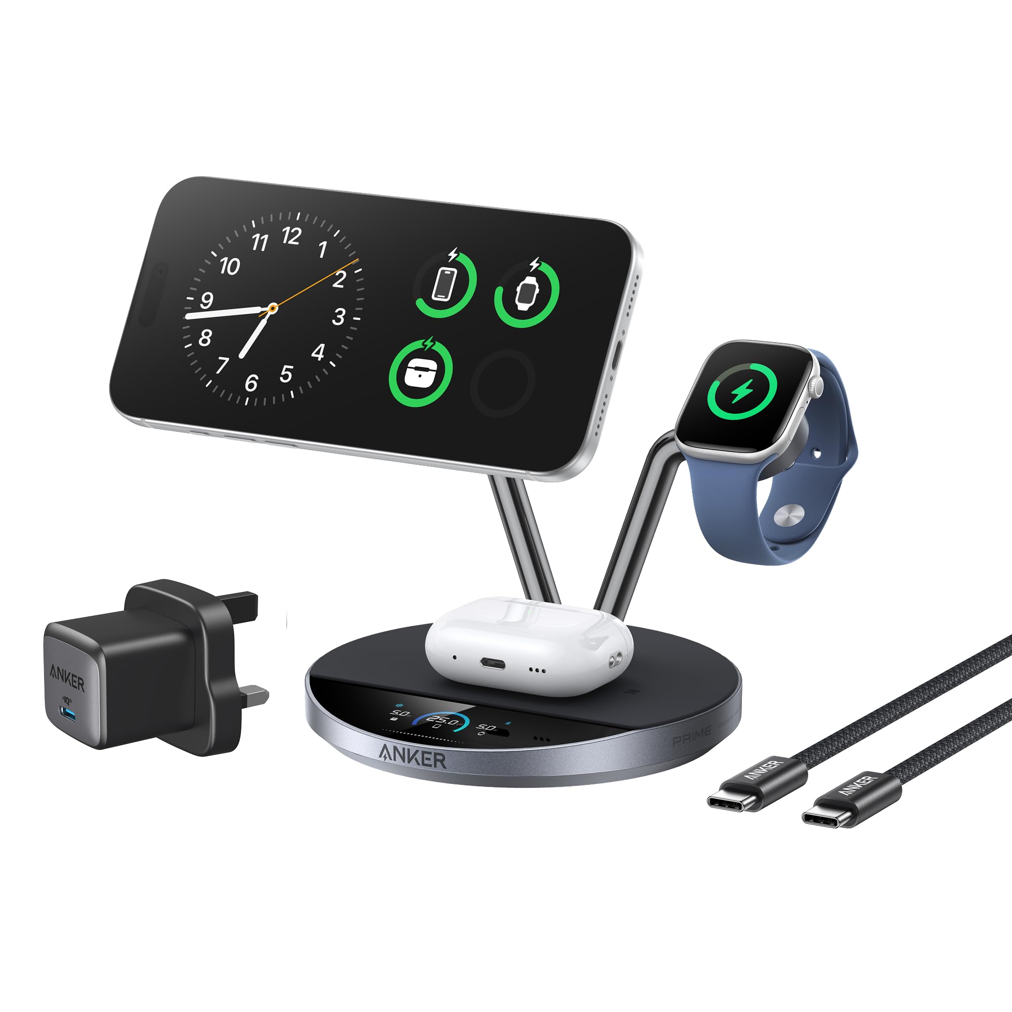 شارژر آنکر پرایم MagSafe سازگار، ایستگاه شارژ 3 در 1، شارژر بی‌سیم Qi 25 وات مجهز به استاندارد، ایستگاه شارژر هوشمند با نمایشگر تک فناوری فعال سرمازدگی، برای آیفون ۱۷، اپل واچ، ایرپاد و دیگر دستگاه‌ها