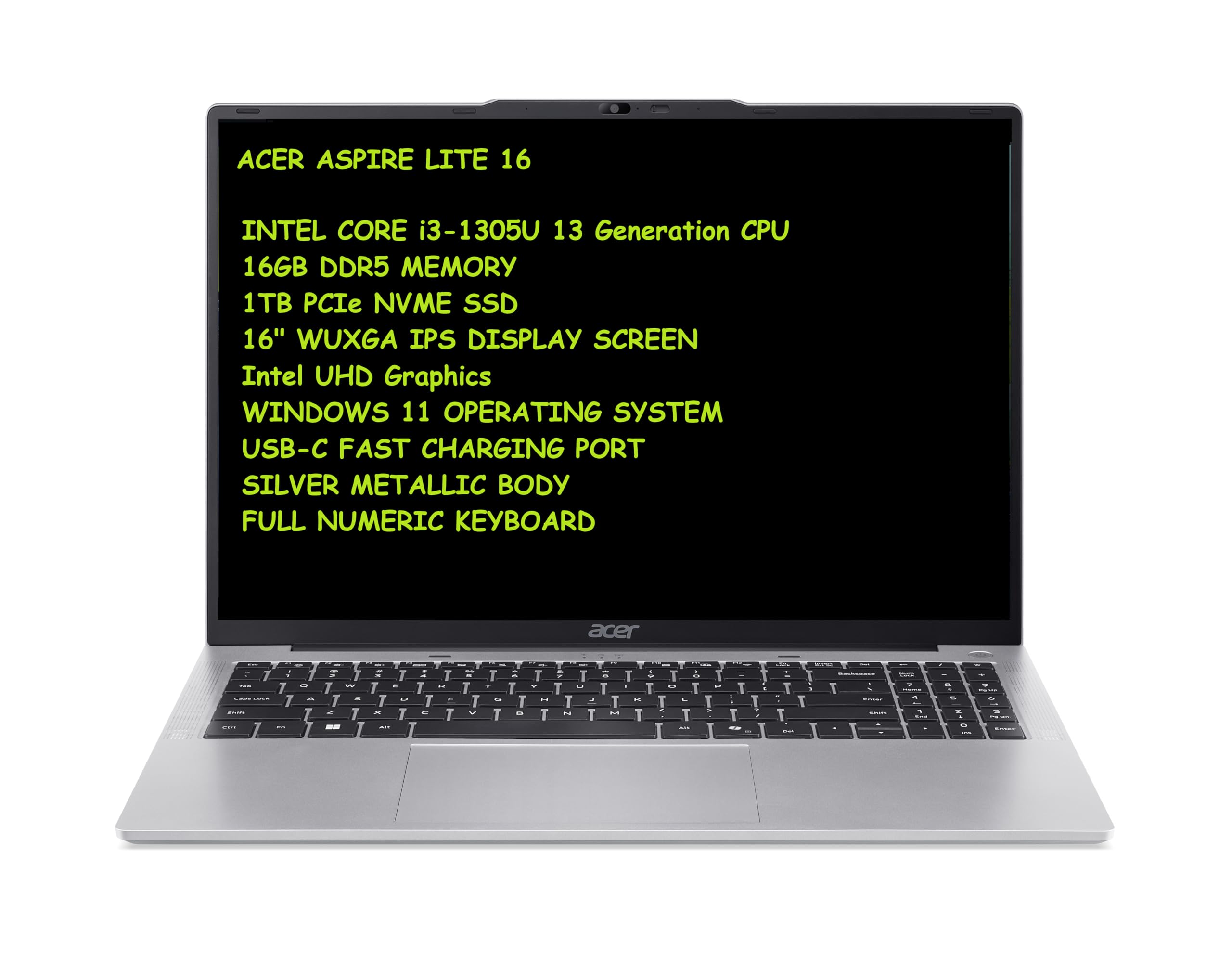 لپ تاپ 16 اینچی Acer Aspire Lite | پردازنده Intel Core i3-1305U نسل 13 | 16 گیگابایت رم DDR5 | 1 ترابایت حافظه جامد | نمایشگر IPS WUXGA | گرافیک Intel UHD با ویندوز 11 Pro (ارتقا یافته) - نقره ای Win11Pro-16GB-1TB