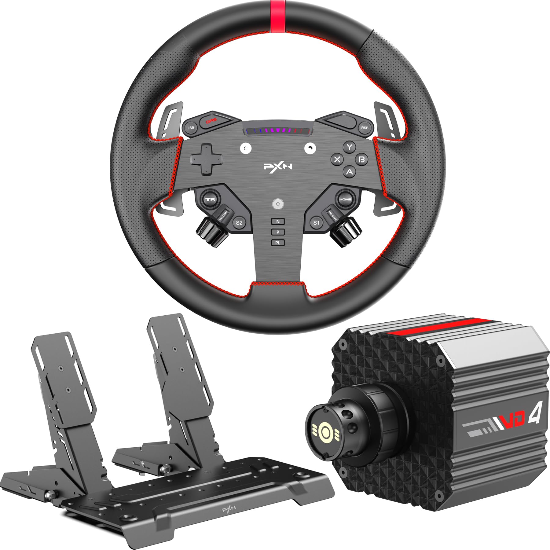 مجموعه PXN VD4 - مجموعه فرمان دایرکت درایو - پایه موتور سرو VD4 با 4 نیوتن متر + دسته فرمان بازی W AS (۲۸ سانتیمتر) + پدال ۲ سوپاپ PD HM GEN2 - مجموعه رالی اسیمولاتور برای کامپیوتر