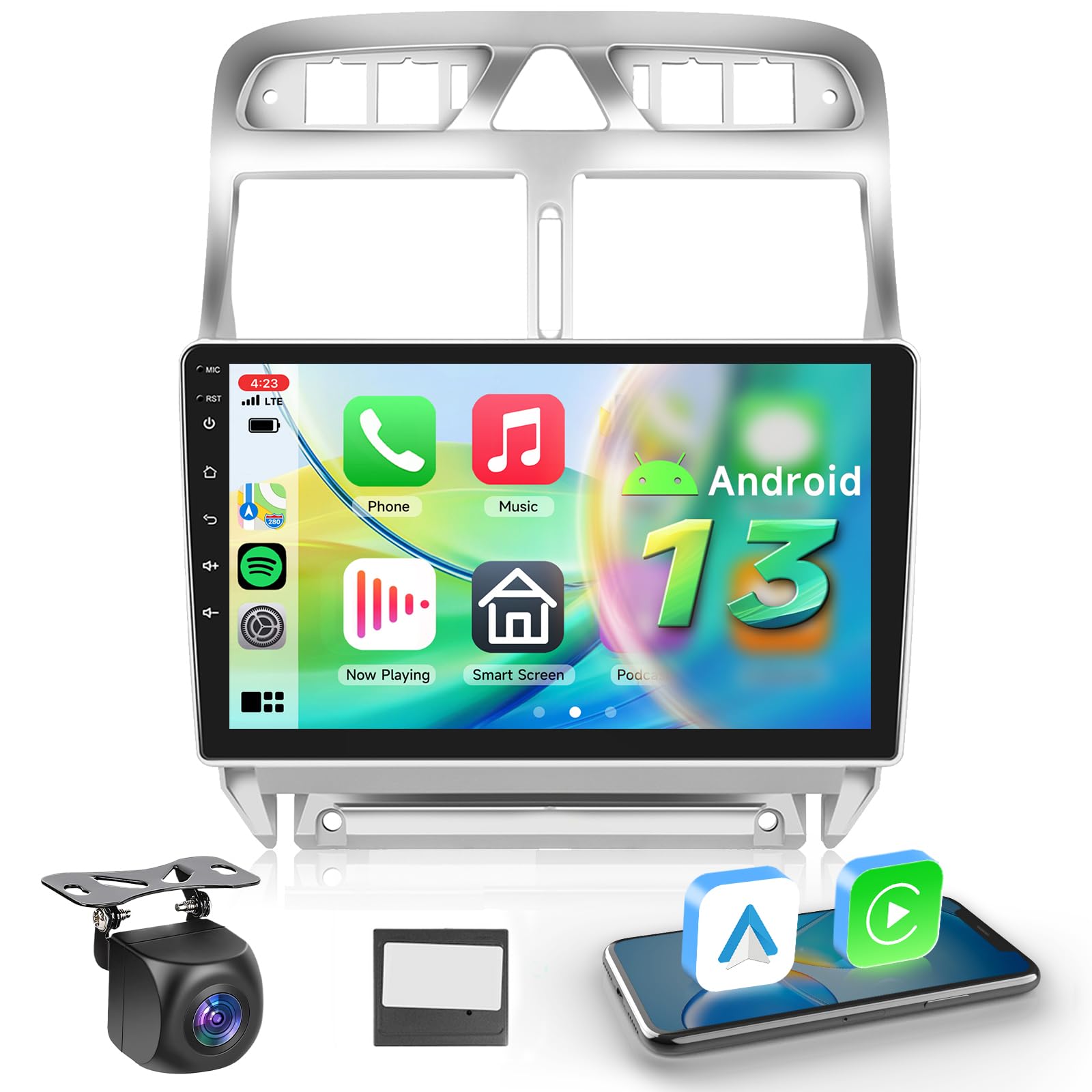 رادیو خودرو Hodozzy Carplay اندروید برای پژو 307 از سال 2002 تا 2013، صفحه نمایش لمسی 9 اینچ با اندروید خودرو/DSP/WiFi/GPS/RDS/FM/بلوتوث 5.0/USB/Navi+کانباز