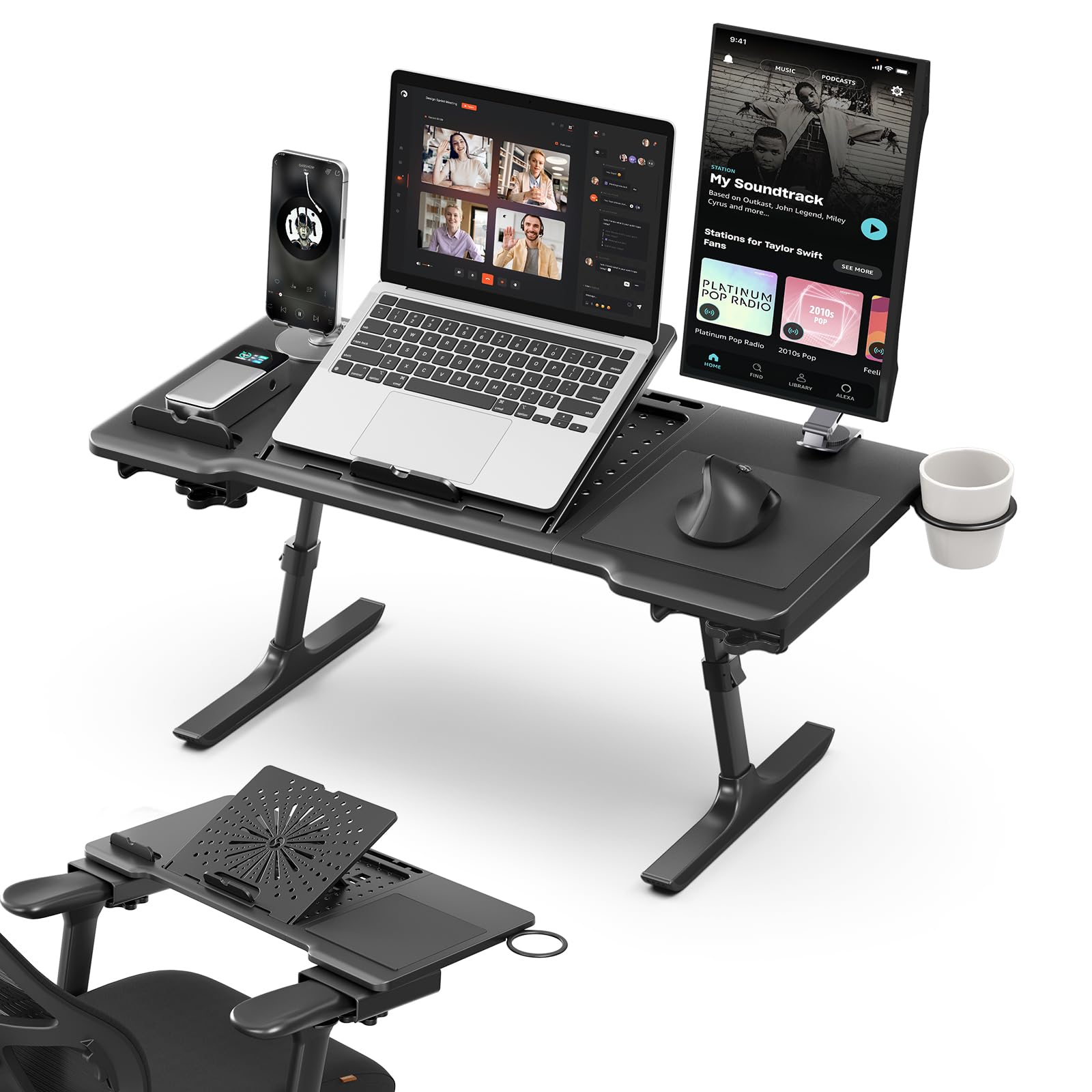 میز چندکاره قابل تاشو Drogo 2 در 1 SitNWork برای صندلی دفتری با دارنده فنجان، قابلیت تنظیم زاویه و ارتفاع | میز تختخواب قابل حمل برای لپتاپ با دسته موس و قفسه کتاب (سیاه)