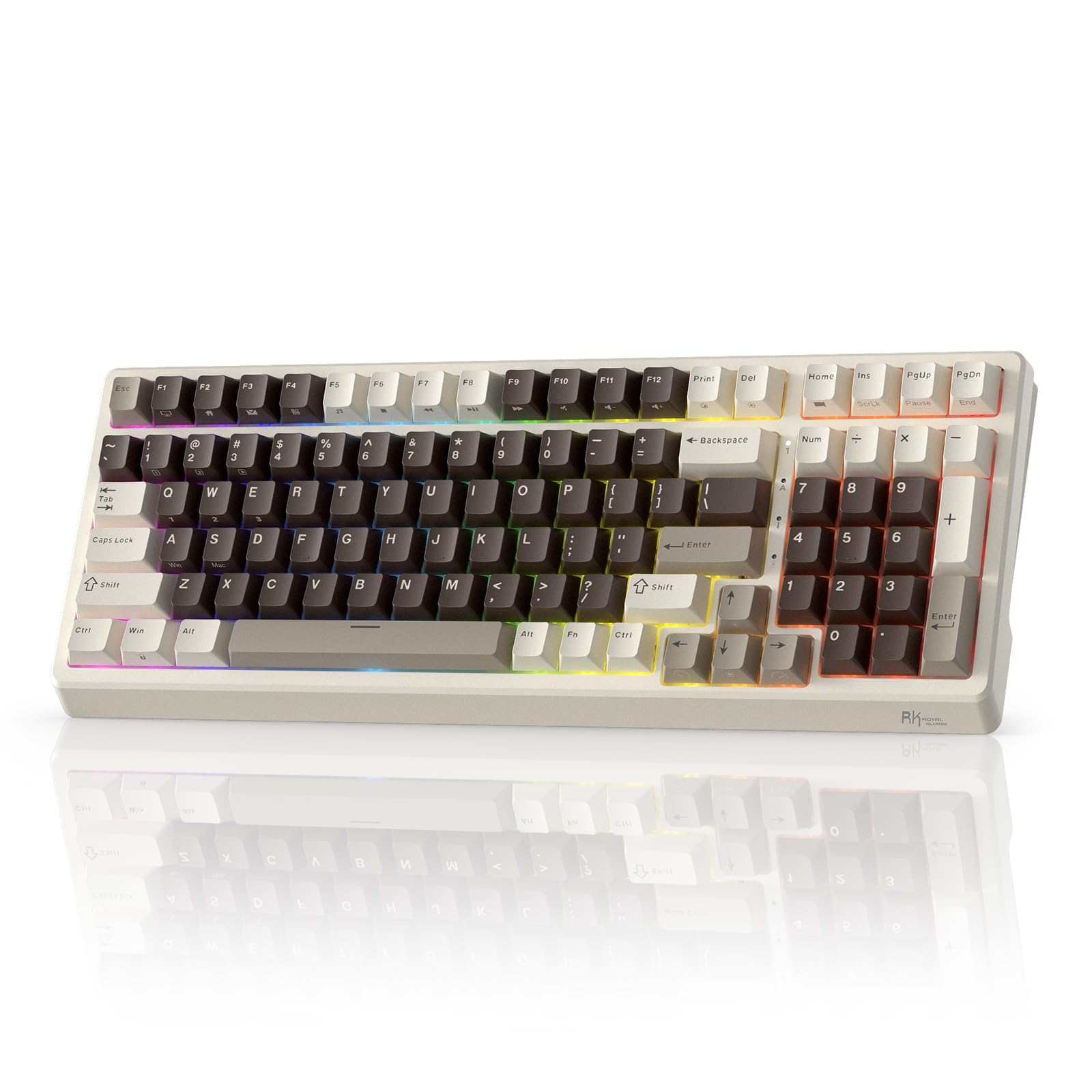 صفحه کلید مکانیکی RK ROYAL KLUDGE F99، RGB، 2.4 گیگاهرتز/بلوتوث/کابل، ابزار کرم، سوئیچ قهوه ای موکا، خاکستری کرم موکا