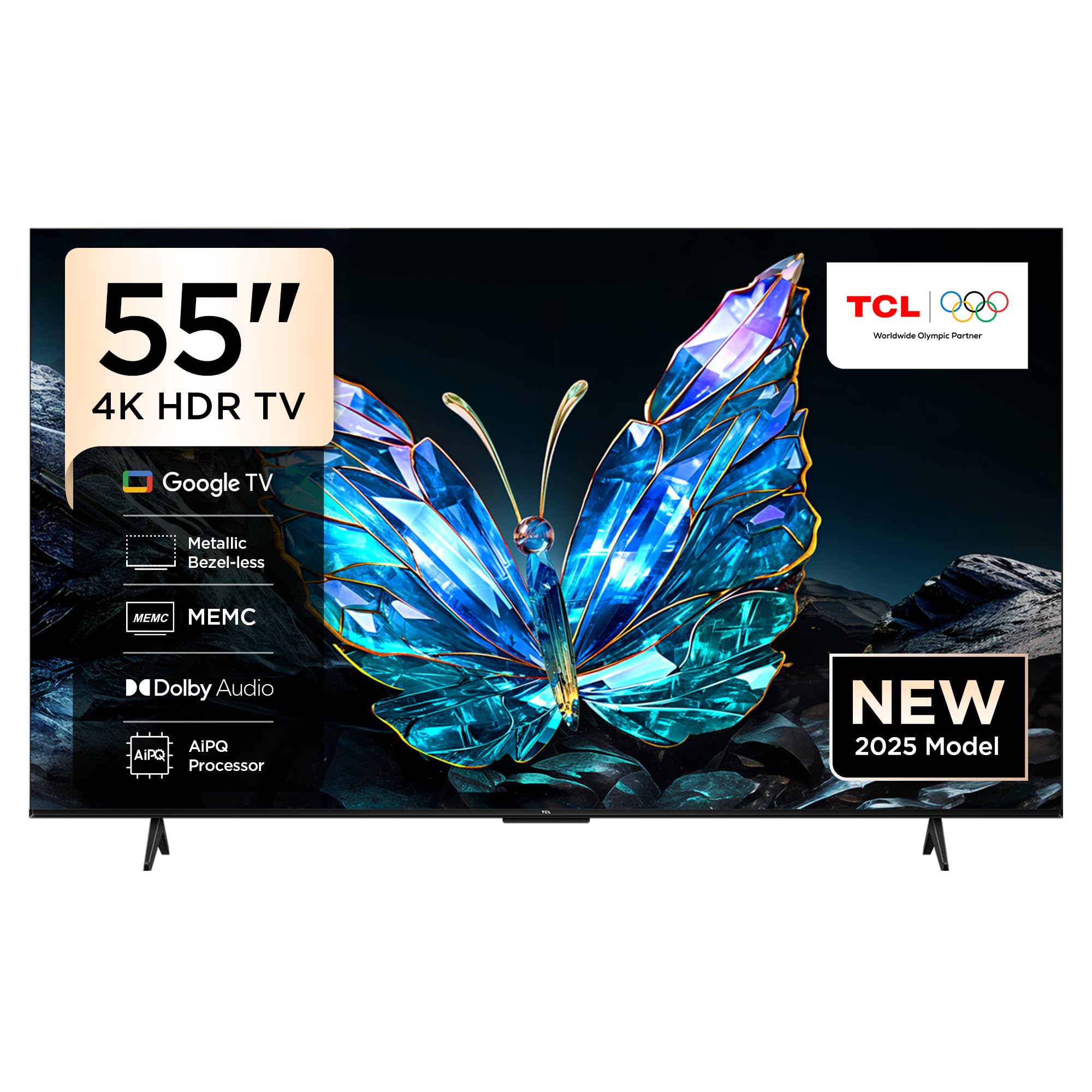 تلویزیون TCL 55V6C با صفحه نمایش 55 اینچی، تلویزیون هوشمند 4K UHD HDR 10+ Gaming Google TV، افزایش پویای رنگ، Dolby Vision Atmos، DTS Virtual X، MEMC، کنترل صوتی، Game Master با طراحی نازک (مدل 2025) UHD 4K 55 اینچ