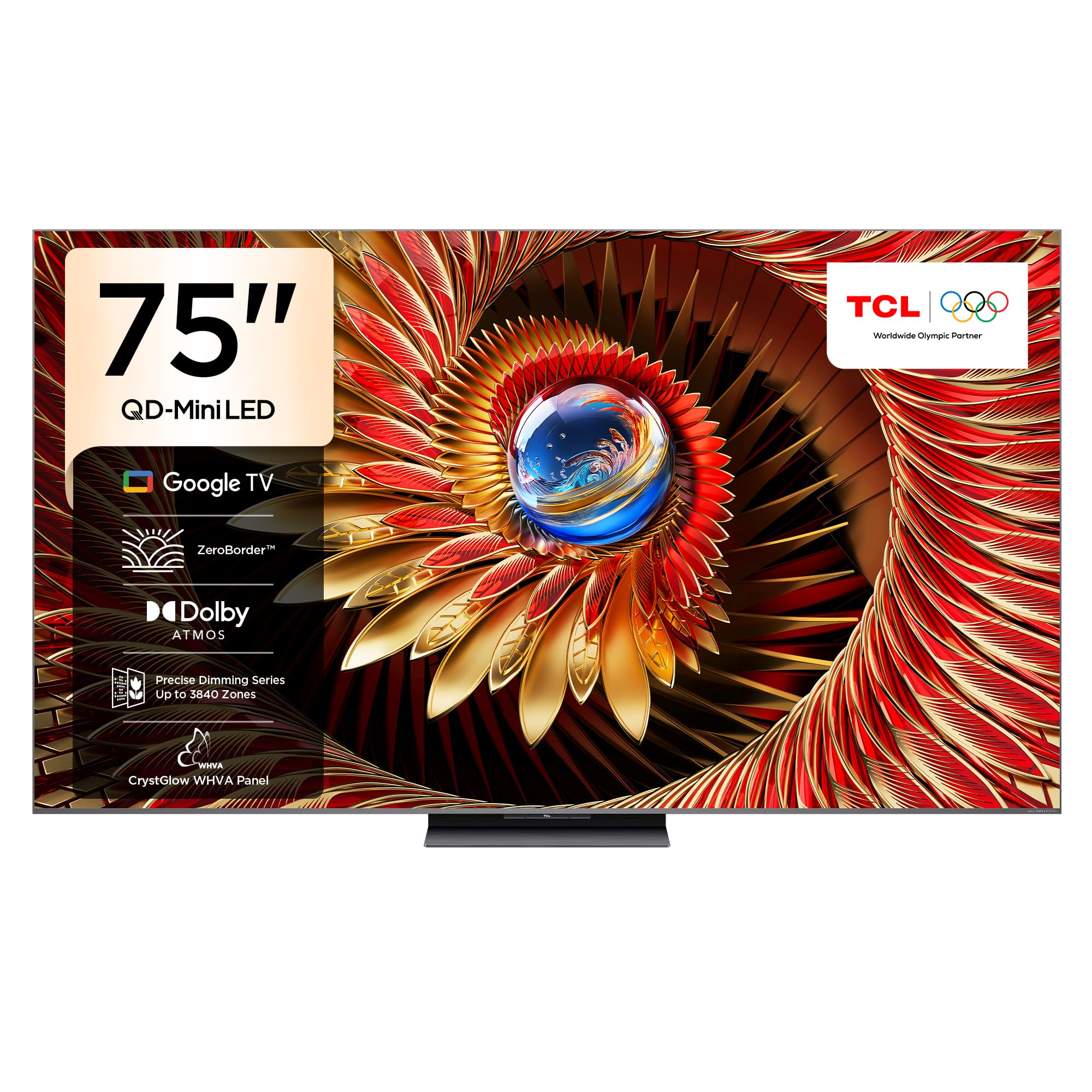 تلویزیون TCL 75C8K با سایز 75 اینچ، تلویزیون هوشمند 4K با فناوری QD-Mini LED، کریستال کوانتوم رنگارنگ HDR با شدت روشنایی 4500 نیت، قابلیت بازی Google TV، نرخ تازه‌سازی طبیعی 144Hz، صدایی از طراحی شده توسط Bang & Olufsen، سازگاری با IMAX Enhanced، فناوری Game Master (مدل 2025) با قابلیت کنترل بازی، دارای تلویزیون 75 اینچی سری C8K با فناوری QD Mini Led 4K.