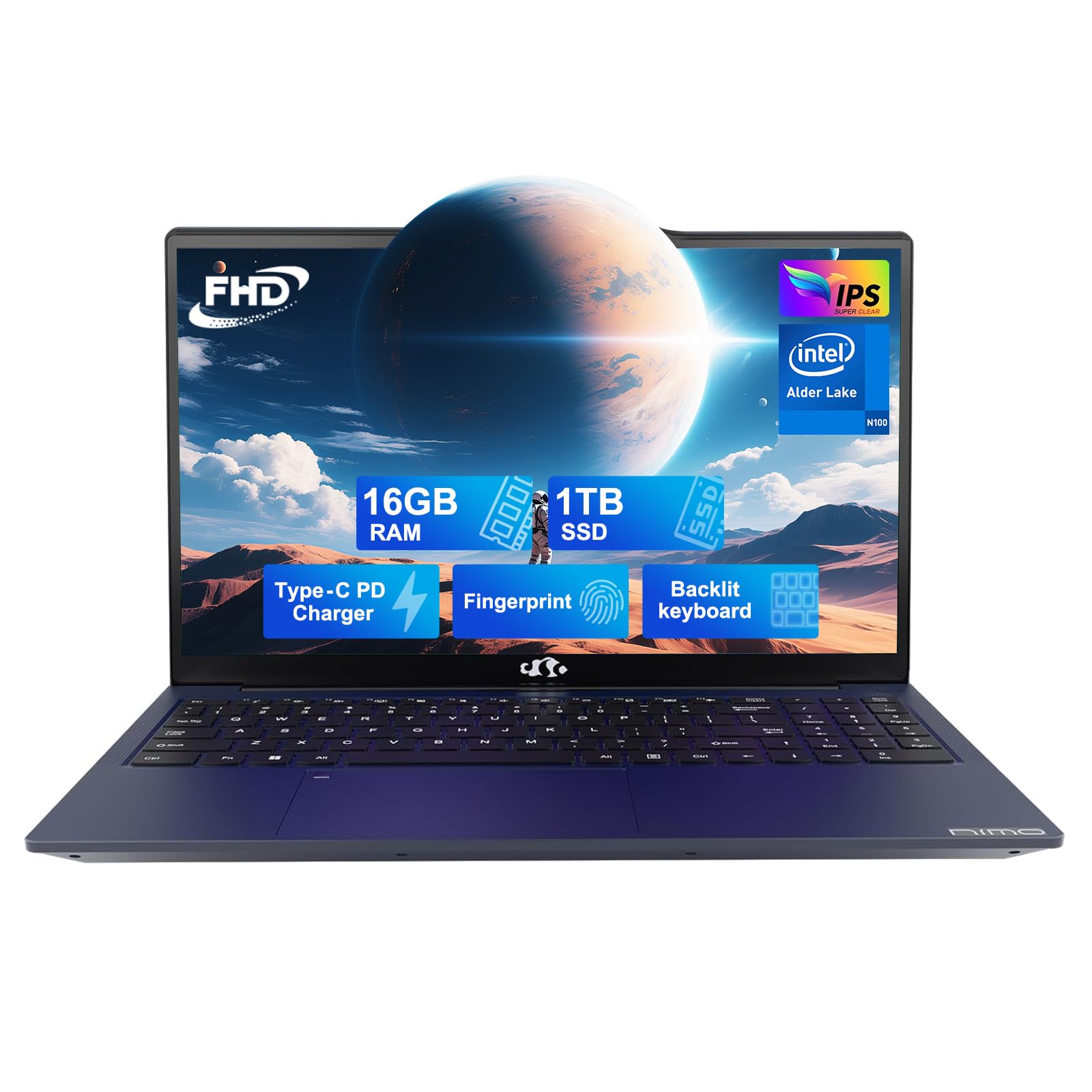 لپتاپ بازی NIMO 15.6 اینچی با صفحه نمایش FHD IPS، پردازنده AMD Ryzen 9 8945HS با 8 هسته، GPU Radeon 780M، 16 گیگابایت رم DDR5، 1 ترابایت حافظه SSD (قدرتمندتر از i9-13900H، تا 5.2 گیگاهرتز)، دارای کیبورد با نور پس زمینه و اثر انگشت، پورت Type C با توان 100 وات و ویندوز 11.