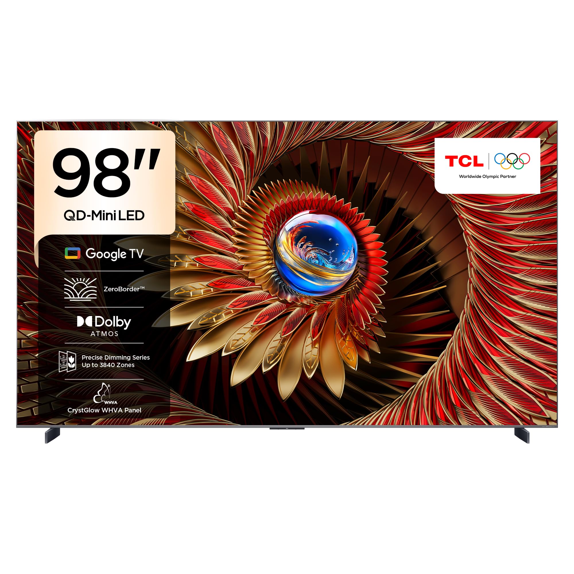 تلویزیون TCL 98C8K اندازه 98 اینچ، تلویزیون هوشمند 4K با تکنولوژی QD-Mini LED با رنگ‌های زیبا و روشن با مایع کوانتومی HDR قدرتمند 5000 نیت، مناسب برای بازی، سیستم عامل Google TV، نرخ تازه‌سازی Native 144Hz، صدای Bang & Olufsen، پشتیبانی از IMAX Enhanced، قابلیت Game Master (مدل 2025)، سری 98 اینچی QD Mini Led 4K C8K.