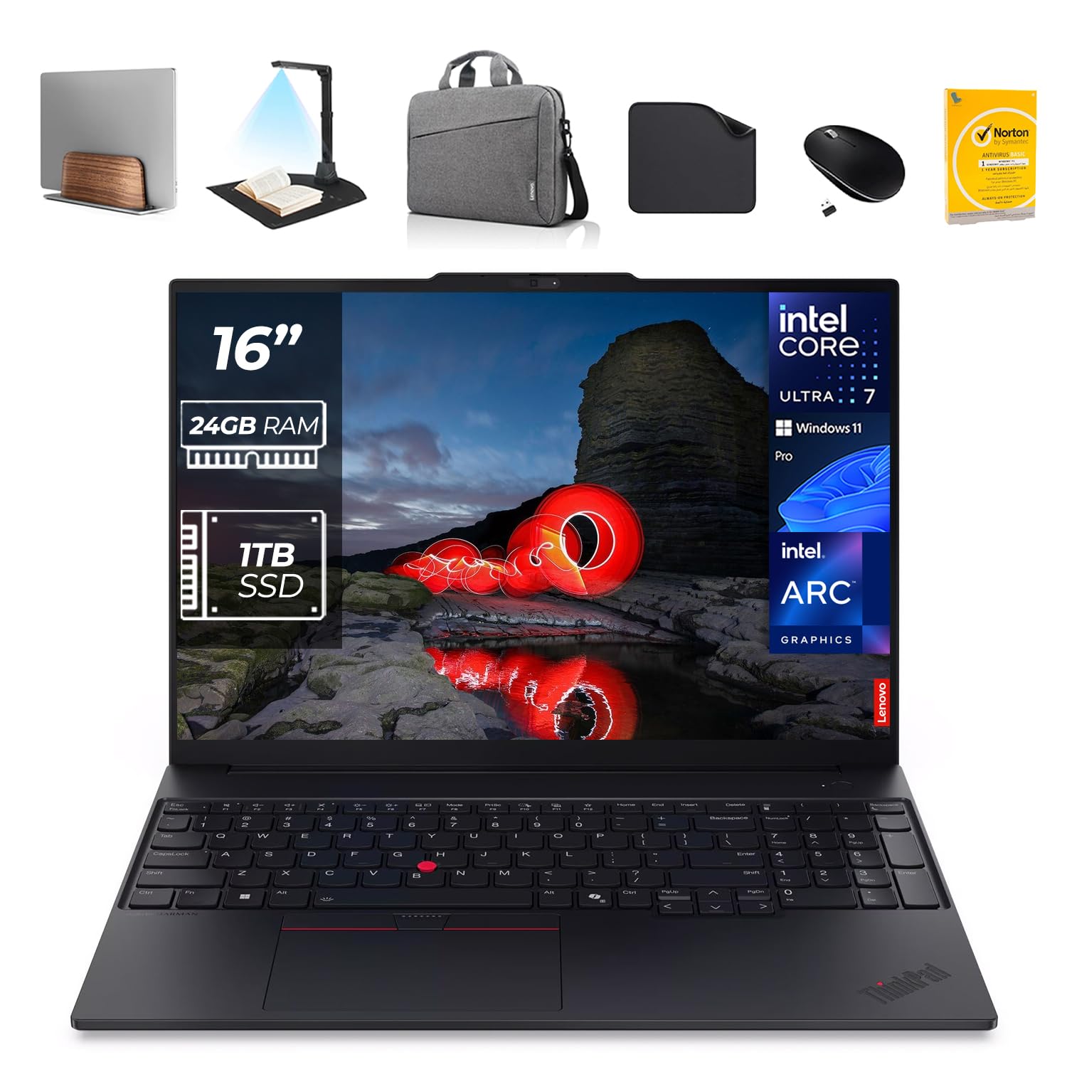 لپ تاپ کسب و کاری Lenovo ThinkPad E16 Gen 3 AI - اینتل Ultra 7-255H، 24GB DDR5 RAM، 1TB SSD، خواننده اثر انگشت، ویندوز 11 حرفه‌ای، انگلیسی / عربی | شامل استند لپ تاپ مدل 1st Wave و اسکنر سند + موس + آنتی‌ویروس + کیف