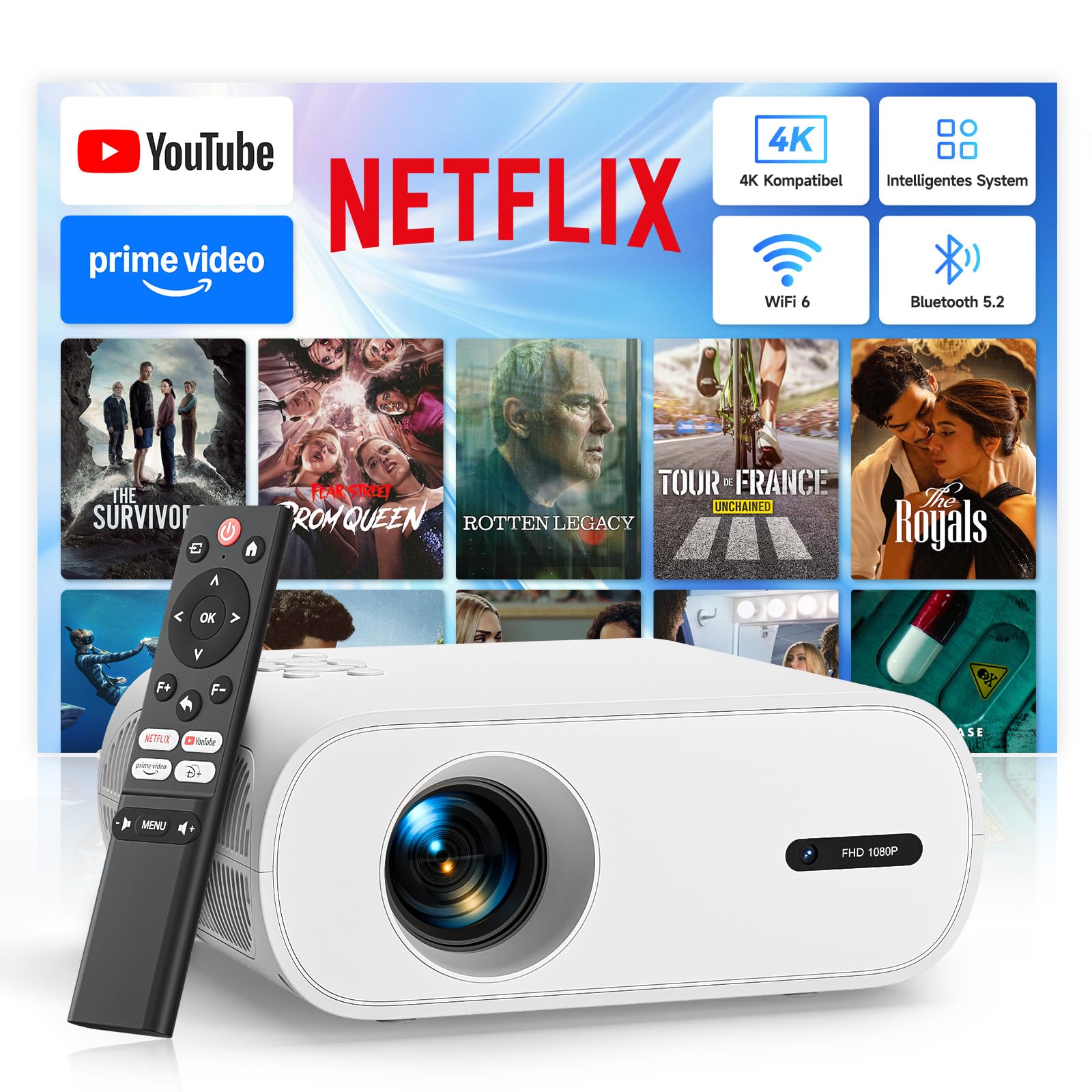 پروژکتور هوشمند نتفلیکس رسمی: با فوکوس الکتریکی / اصلاح مرزی، 20000LM 1080P Full HD WiFi 6 بلوتوث 5.2 پروژکتور مینی سینمای خانگی پروژکتور مینی با یک کلیک استفاده از نتفلیکس / یوتیوب