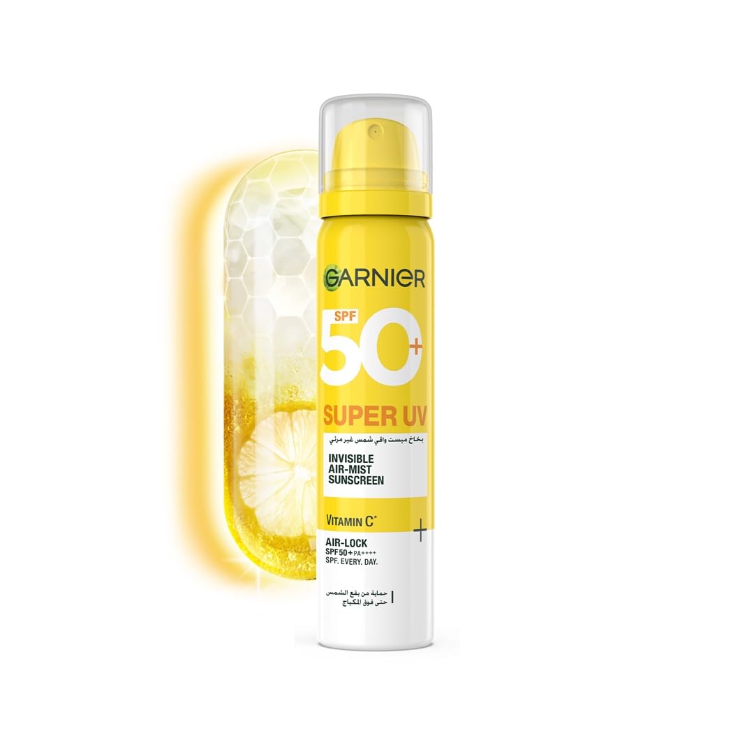 کرم ضد آفتاب سبک و بدون حساسیت Garnier SkinActive Super UV SPF50+ Invisible Air-Mist با ویتامین C PA++++ برای تصحیح لکه‌های آفتابی، حاوی مواد محافظ در برابر UVA و UVB، قابل اسپری روی آرایش، مناسب برای پوست حساس و انواع پوست، حجم 75 میلی‌لیتر