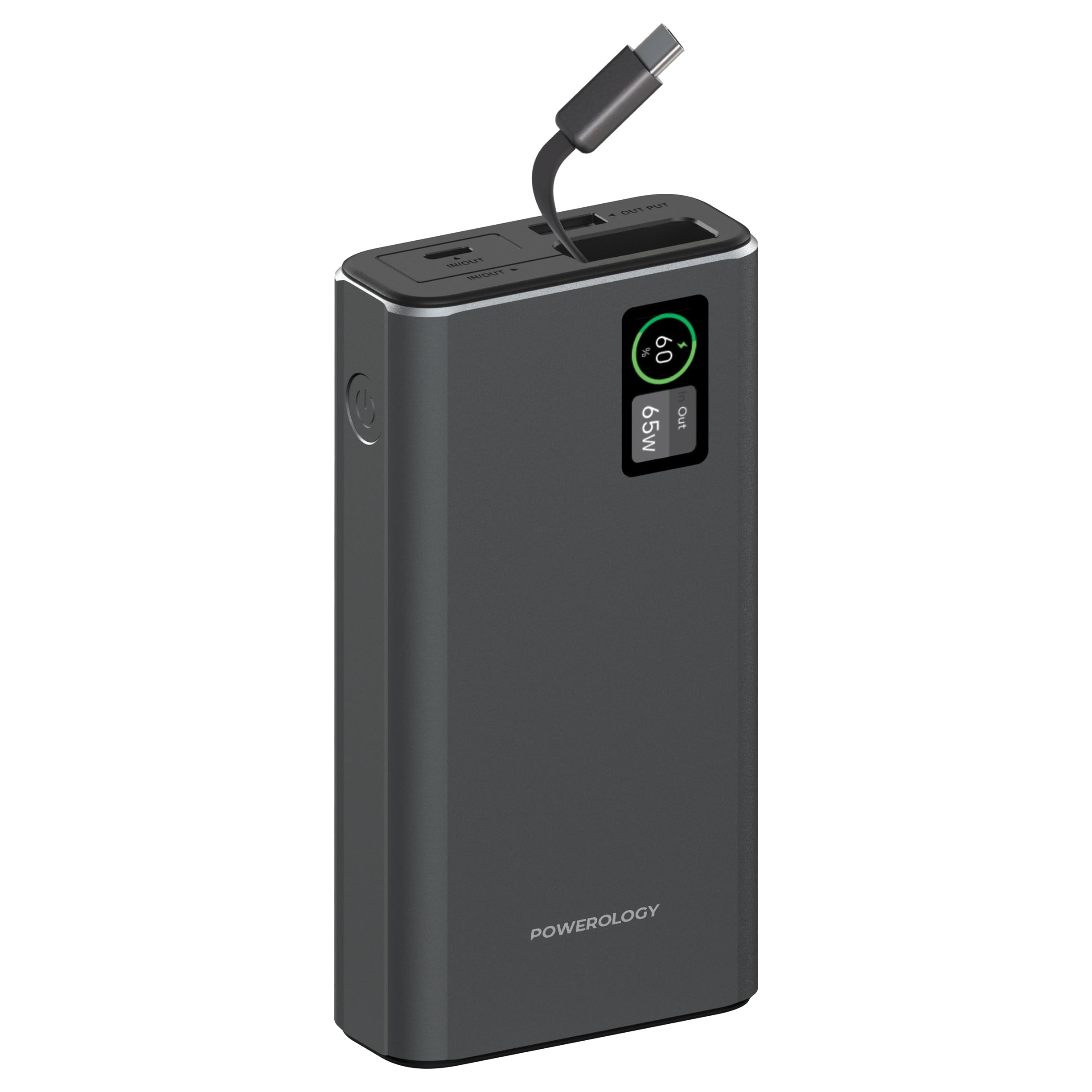 پاور بانک Powerology آلومینیومی 20000mAh ، PD 65 وات ، شارژر لپ تاپ ، کابل تایپ-سی قابل کشش 50 سانتی‌متری ، نمایشگر هوشمند توان ، شارژ 0-60٪ در 30 دقیقه ، شارژ همزمان - خاکستری تیره 20000mAh کابل تایپ-سی قابل کشش