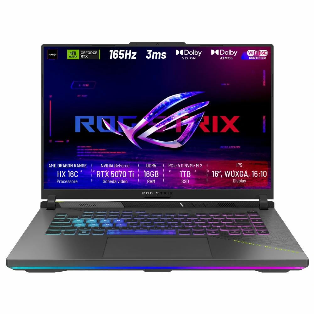 ASUS ROG STRIX G16 G614PR، 16 اینچ 2.5K WUXGA، AMD Ryzen 9 8940HX، 16GB RAM DDR5، NVIDIA GeForce RTX 5070 Ti 12GB GDDR7، 1TB SSD،Win 11 Home WI-Fi 6E، BT 5.3، صفحه کلید با نور پس زمینه RGB (ارتقا یافته) 16GB DDR5 RAM / 1TB SSD 16 اینچ 2.5K WUXGA / AMD Ryzen 9 8940HX / Nvidia RTX 5070 Ti