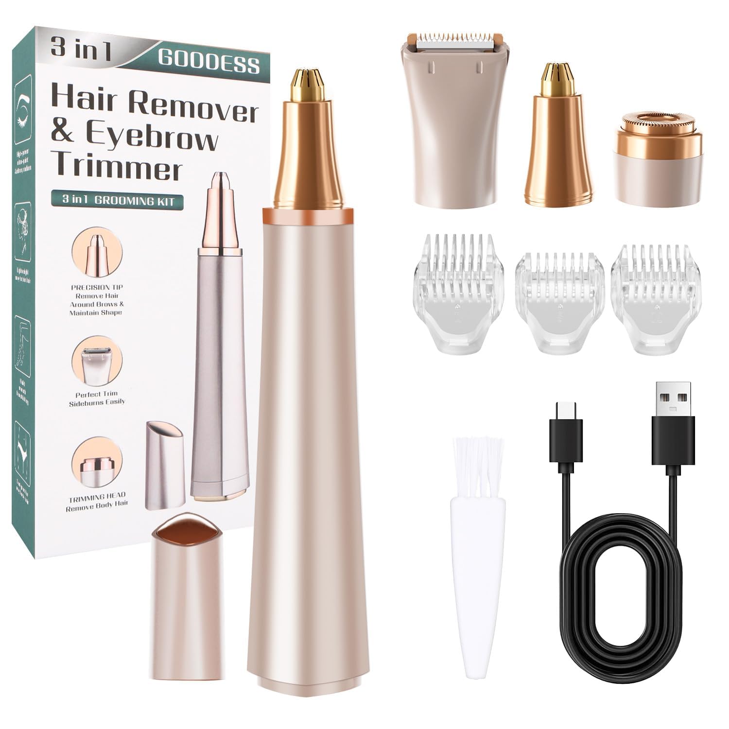 برشکار ابرو برقی، 3 در 1، برداشت موهای صورت برای زنان، ضدآب، شارژی، اصلاح مو صورت، ابرو، پا، بیکینی و بینی، تیغه فاقد درد ابرو، بوش گوشتی با راهنمای سه عددی