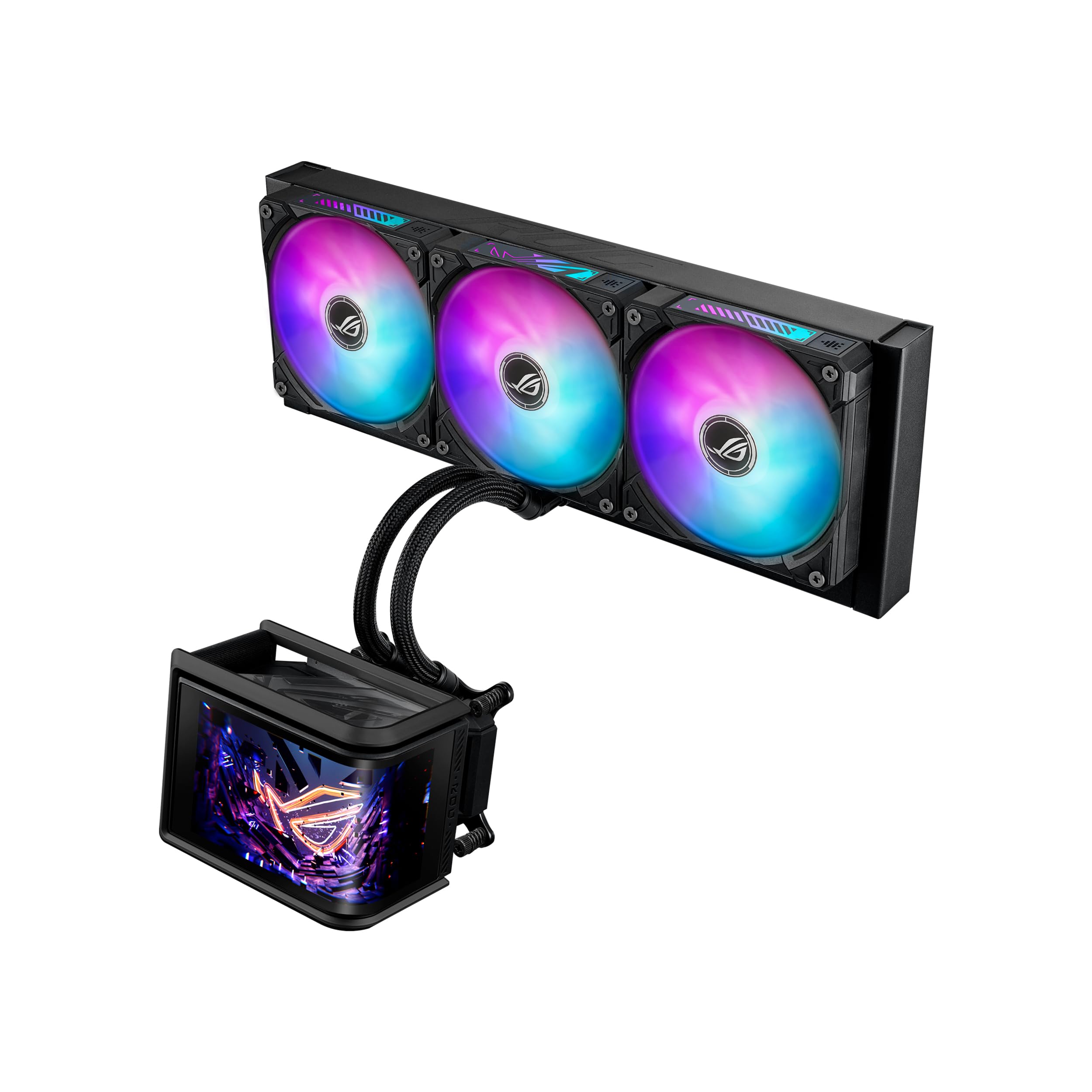 ASUS ROG RYUO IV SLC 360 ARGB، صفحه نمایش منحنی 2K AMOLED مایع با افکت های سه بعدی، لوله های 200 میلیمتری، فن های ARGB، سازگار با Intel LGA 1851 و 1700 و AMD AM5 و AM4، مشکی