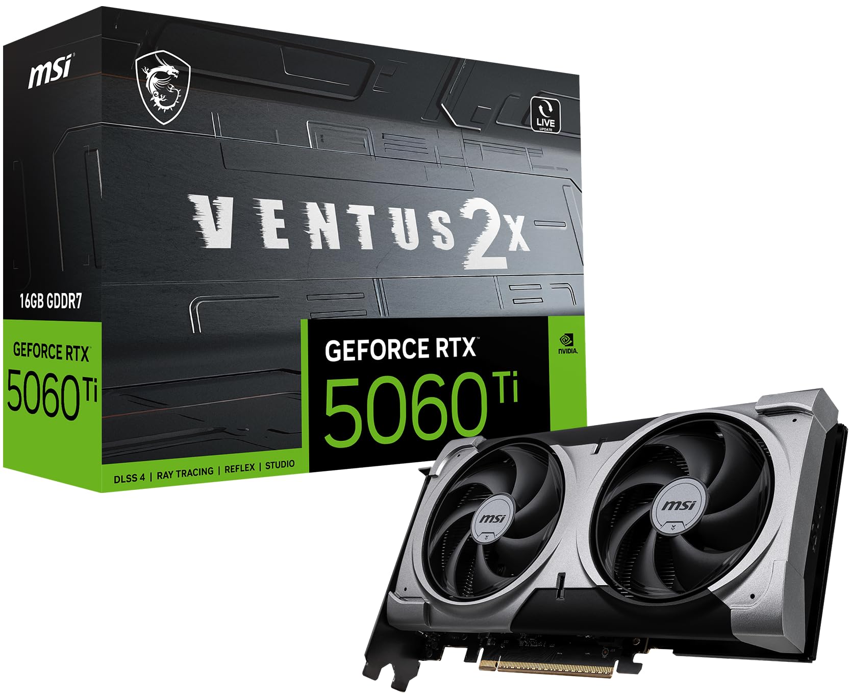 کارت گرافیک MSI Gaming RTX 5060 Ti 16G Ventus 2X Plus (16 گیگابایت GDDR7، باس 128 بیتی، عملکرد بسیار بالا: 2572 مگاهرتز، سه درگاه DisplayPort نسخه 2.1a، HDMI نسخه 2.1b، معماری NVIDIA Blackwell)