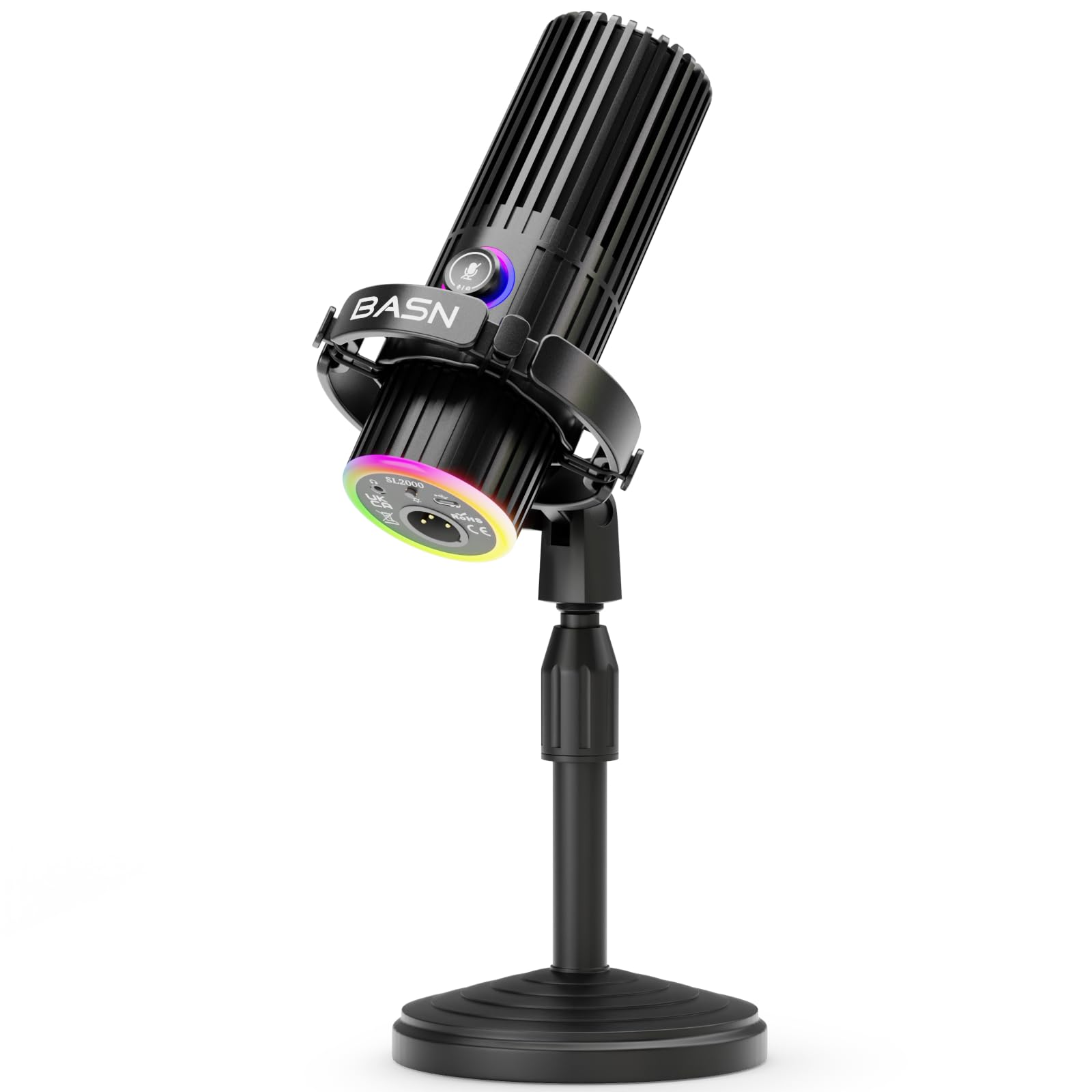 میکروفون داینامیک USB/XLR BASN برای پادکست‌ها، استریم زنده، ضبط بازی‌ها با دکمه قطع RGB، مانیتورینگ هدفون و استند میکروفون (مشکی) SL2000