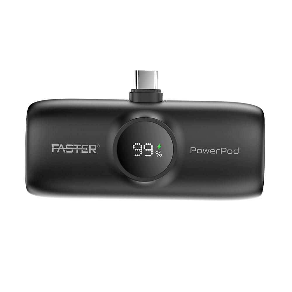 پاوربانک کوچک Faster S5K PowerPod Mini با ظرفیت 5000 میلی‌آمپر - شارژ سریع 20 وات، نمایشگر LED، پورت USB-C، کابل داخلی آیفون - شارژر قابل حمل بسیار کوچک که سازگار با iOS و اندروید می‌باشد - باتری قابل حمل جیبی (مشکی)