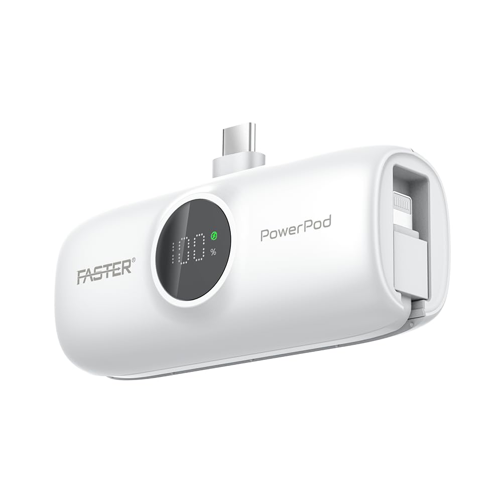 پاور بانک مینی Faster S5K PowerPod با ظرفیت 5000 میلی‌آمپر - شارژ سریع 20 وات، نمایشگر LED، USB-C، کابل داخلی iPhone - شارژر قابل حمل فوق‌العاده کوچک قابل استفاده با دستگاه‌های iOS و آندروید - بسته شارژ جیبی (سفید)