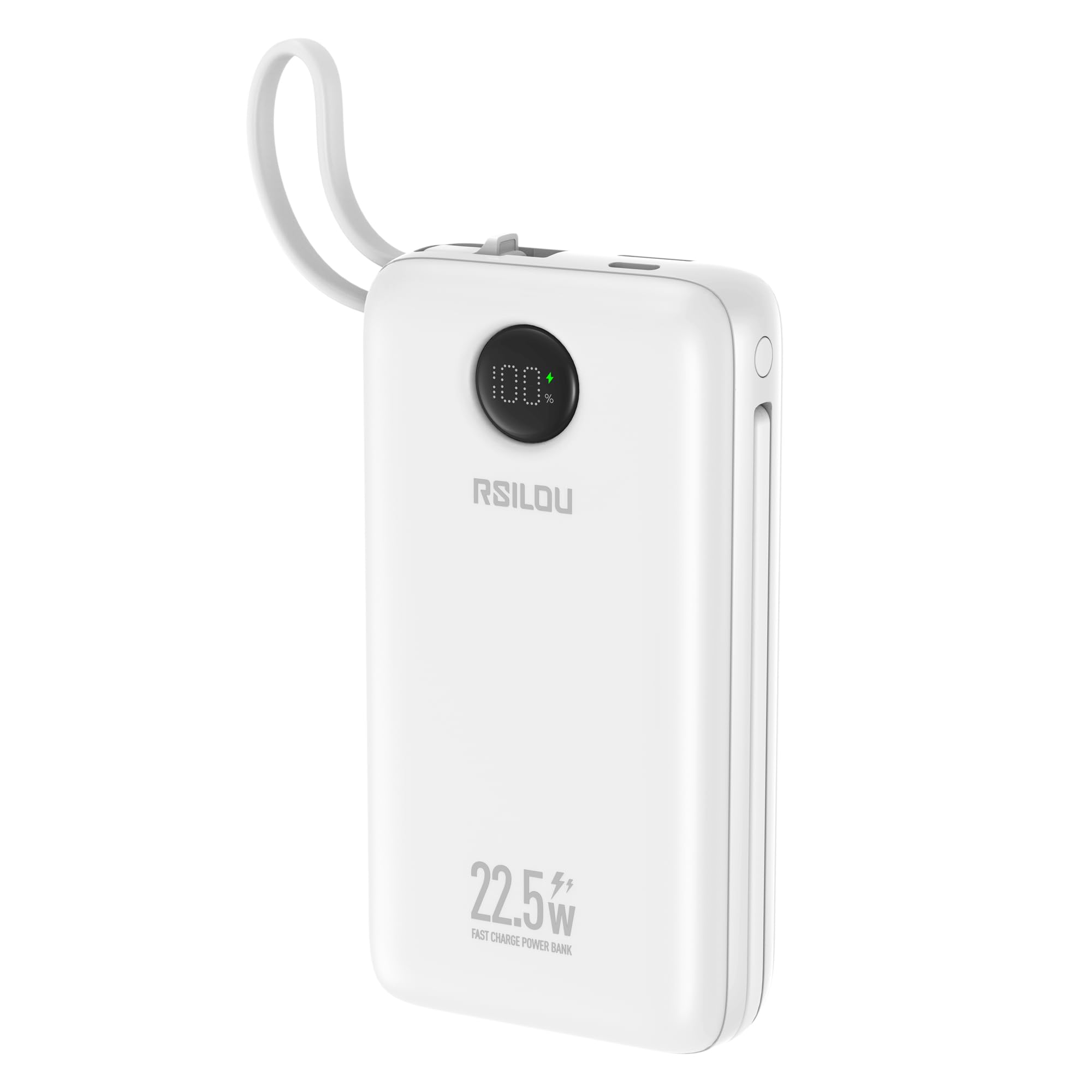 پاوربانک RSILOU - R1025 با ظرفیت 20000mAh با کابل‌های USB-C و Lightning داخلی | شارژ سریع 22.5 وات | نمایشگر دیجیتال LED | باتری خارجی قابل حمل - رنگ سفید