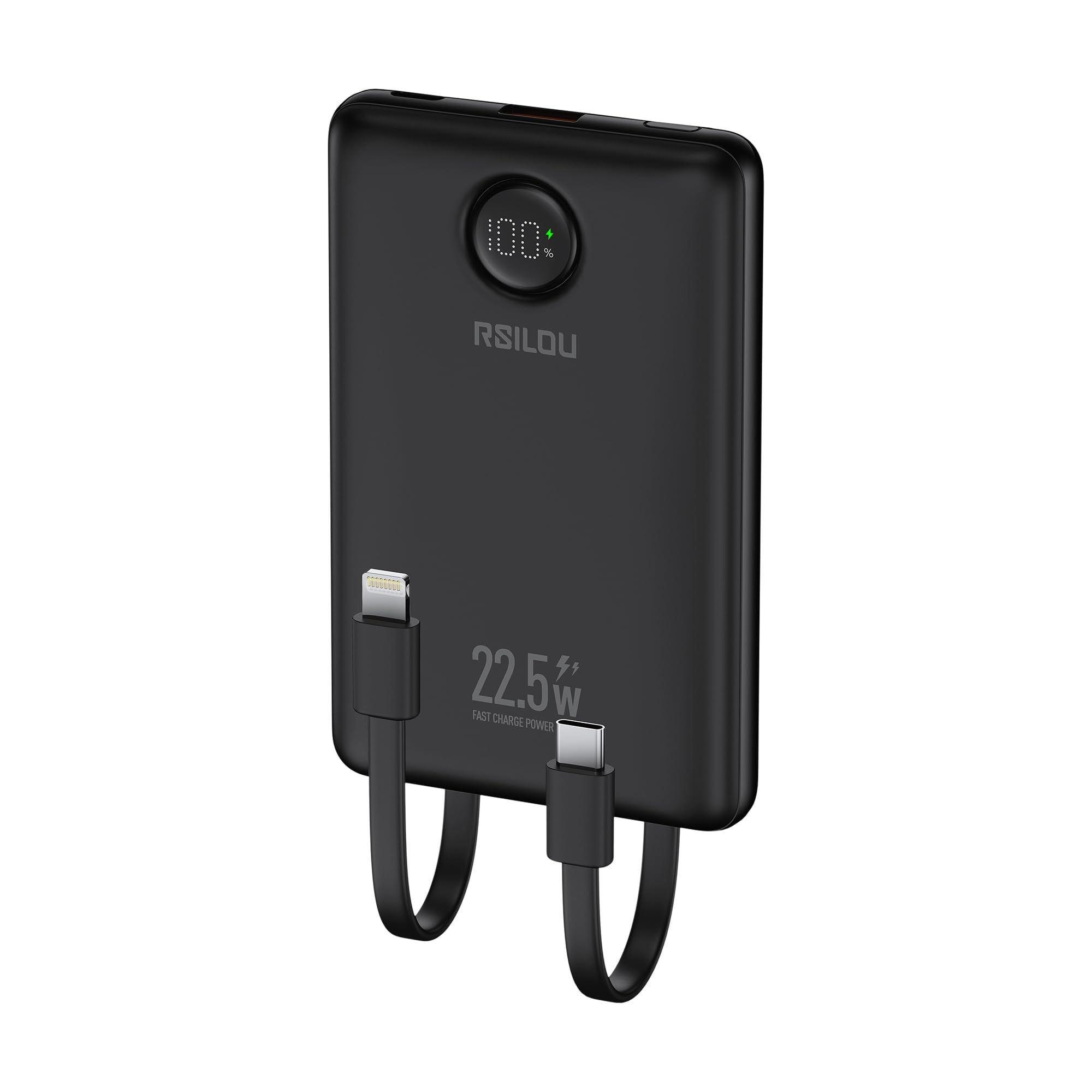 پاور بانک RSILOU R1023 با ظرفیت 10000 میلی‌آمپر | شارژ سریع 22.5 وات با شارژر قابل حمل داخلی USB-C و کابل‌های لایتنینگ | باتری خارجی کوچک با نمایشگر دیجیتال LED - مشکی