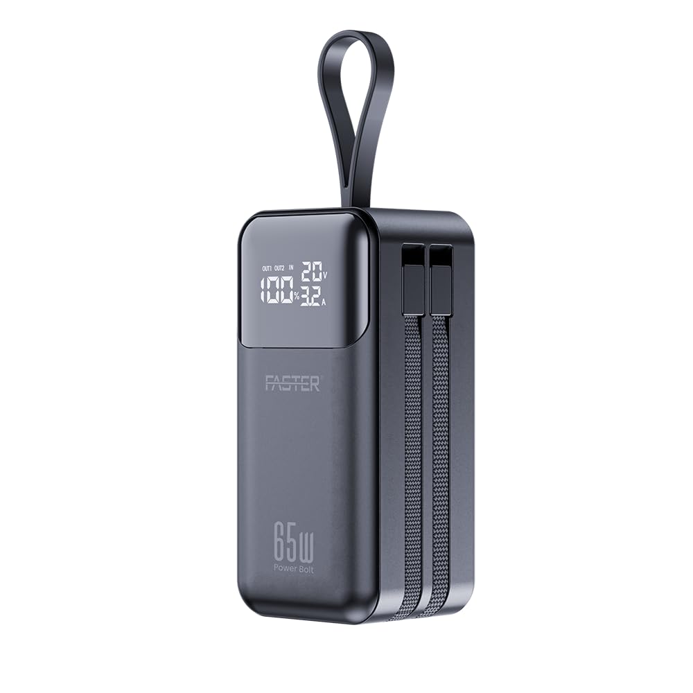 پاوربانک Faster Power Bolt PD65WA 20000mAh - شارژ سریع 65 وات PD، نمایشگر LED، کابل‌های داخلی، شارژر چند پورته مینی برای لپتاپ‌ها، تبلت‌ها و تلفن‌ها - طراحی هوشمند و سبک برای سفر