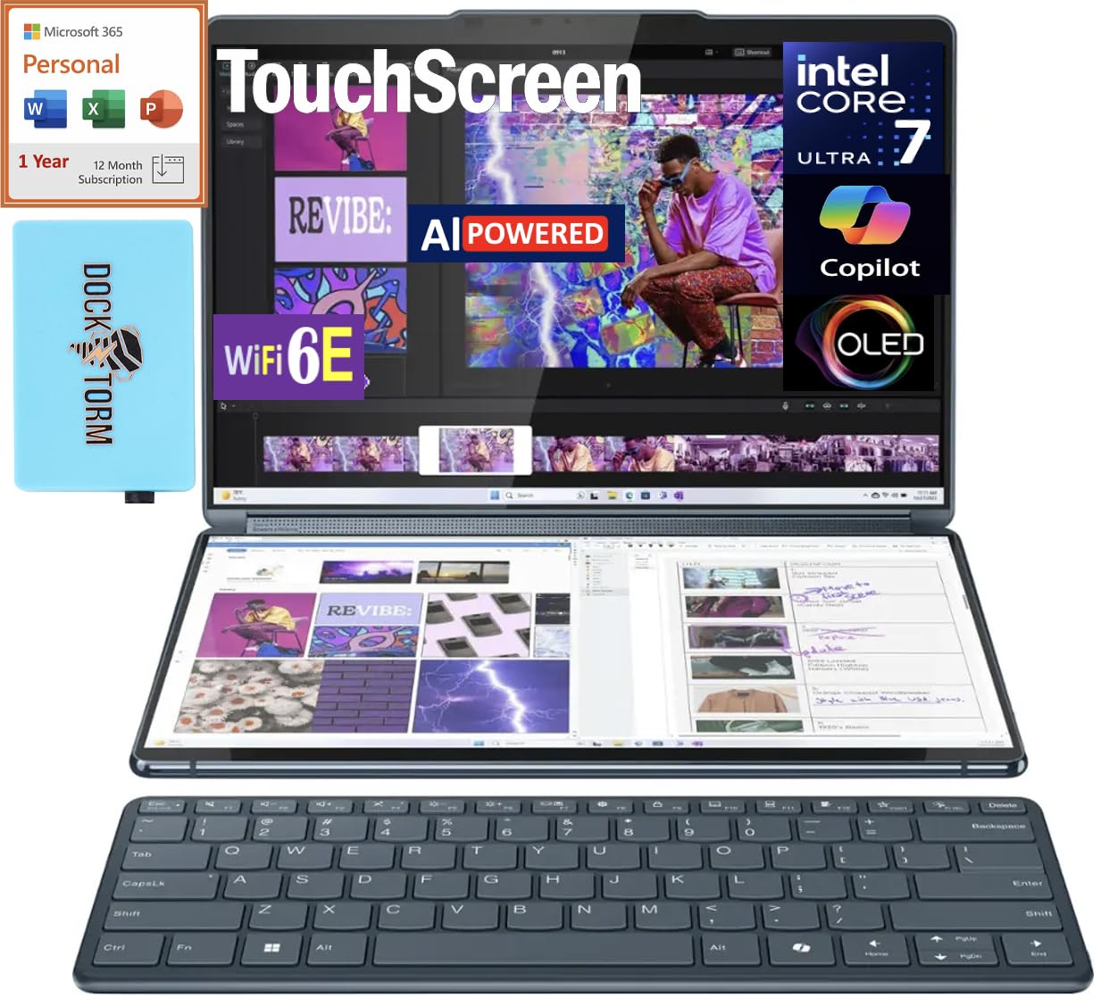 لپ تاپ 2 در 1 لنوو یوگا بوک 9i 2in1 با پردازنده AI، نمایشگر لمسی OLED 13.3 اینچ 2.8K (اینتل کور آلترا 7 155U، 16 گیگابایت LPDDR5X، 1 ترابایت حافظه SSD، ویندوز 11 هوم) همراه با Microsoft 365 شخصی و فروشگاه USB پرت اکسپندر DKZ، 16 گیگابایت رم و 1 ترابایت حافظه SSD ویندوز 11 هوم