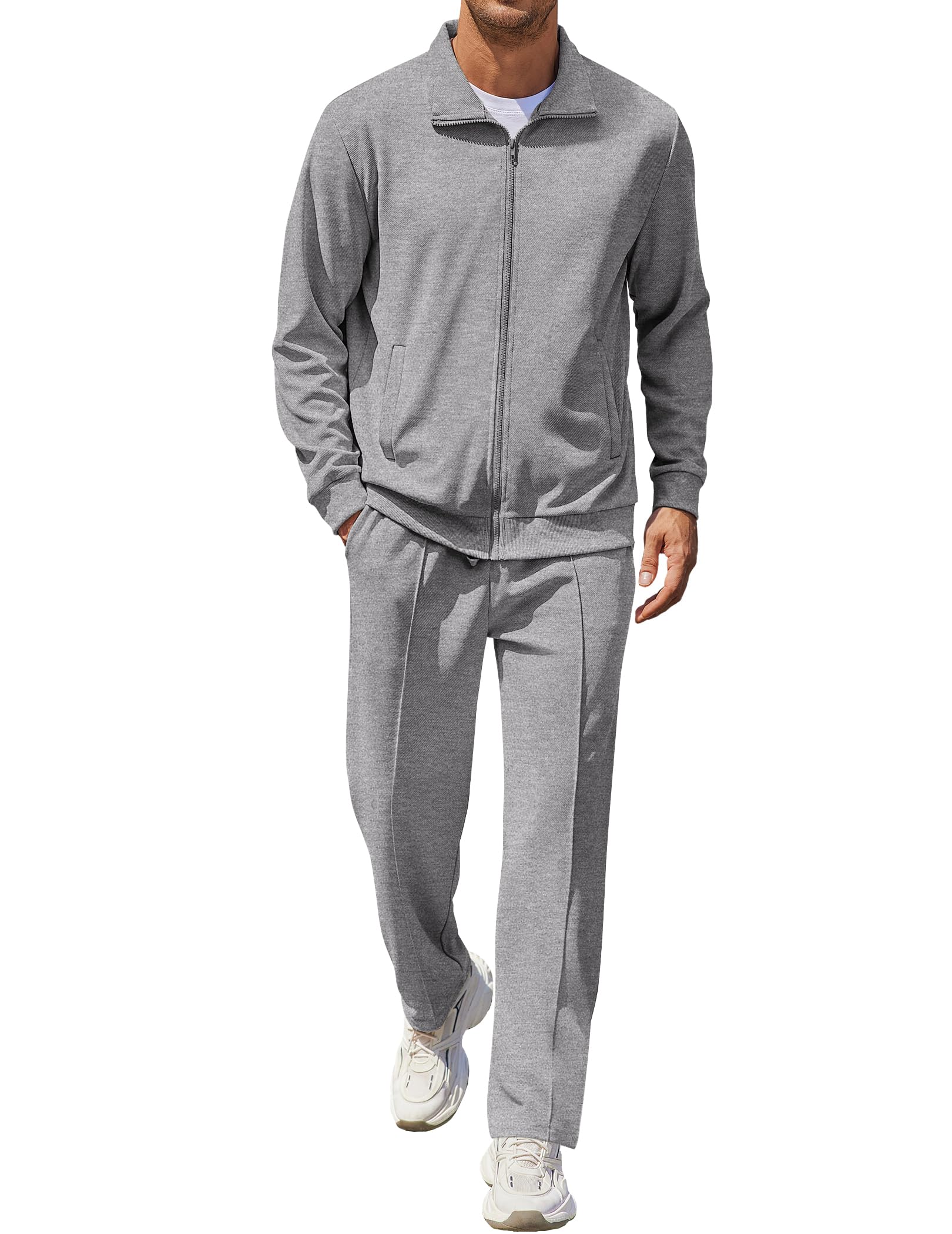 مجموعه لباس ورزشی دو تیکه COOFANDY مردانه ، آستین دار ورزشی آتلتیک با زیپ کامل Tracksuit Jacquard Jogging Set ، ژاکت و شلوار مد طرح Light Grey Textile