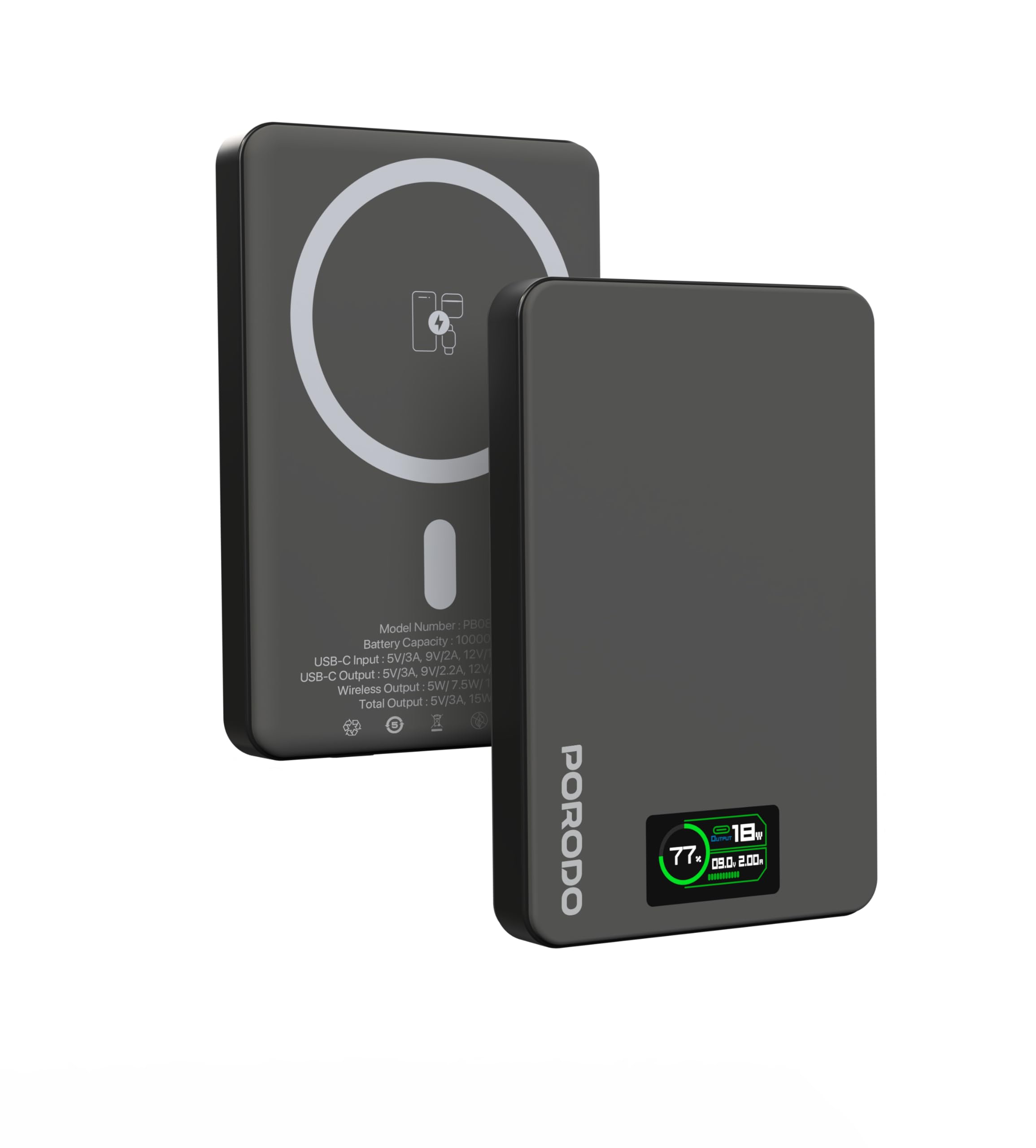 پاور بانک Porodo با ظرفیت 10000mAh، سازگار با MagSafe، شارژ سریع 20 وات PD، شارژ بی‌سیم 15 وات، صفحه نمایش هوشمند TFT، نمایش ولتاژ در زمان واقعی، کنترل دما، سازگار با آیفون 13/14/15/16