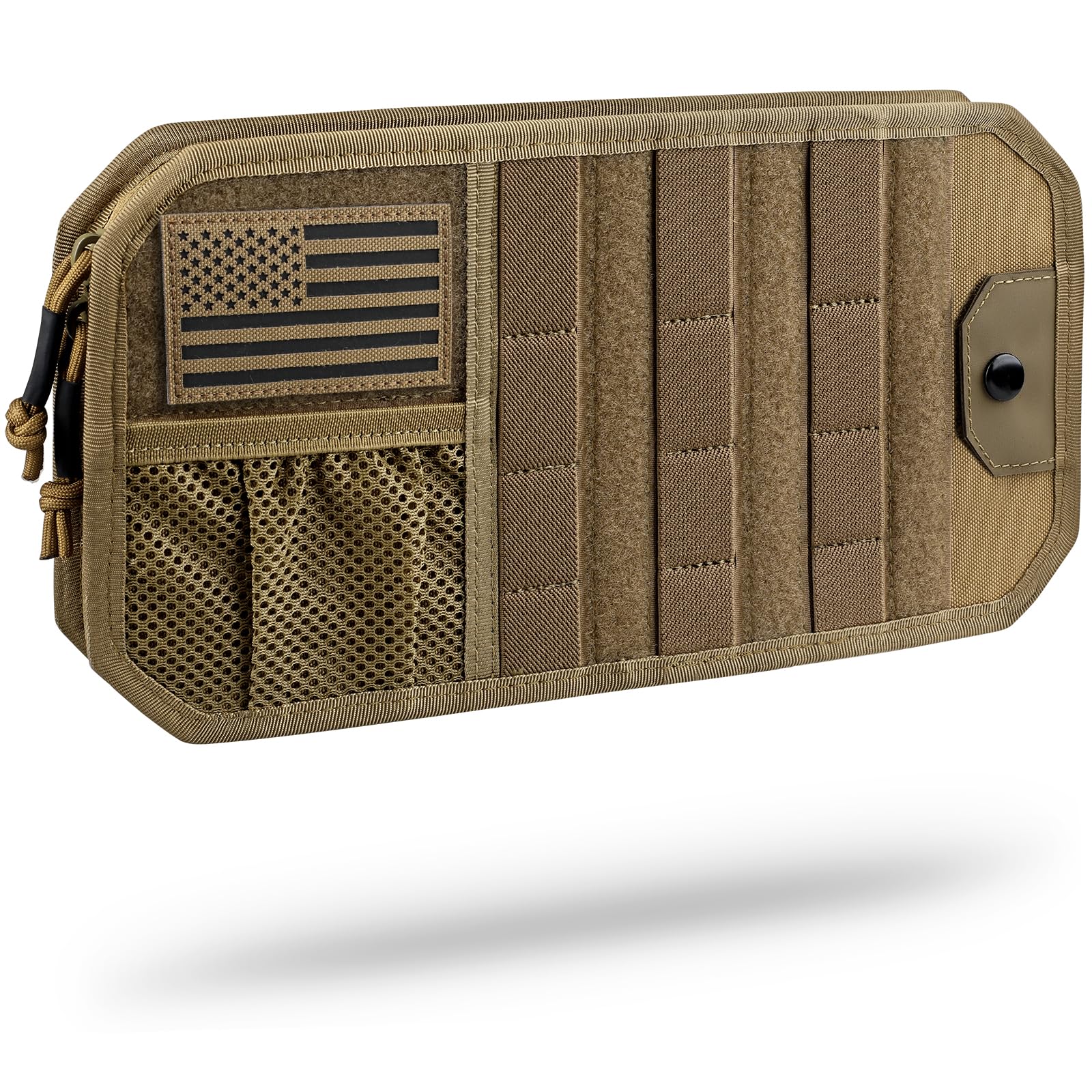 سازمان‌دهنده خودرویی WYNEX Molle Car Sun Visor، لوازم جانبی خودرو با ظرفیت ذخیره‌سازی فرمان‌های دور زدنی و کلیپ عینک، پنل Molle شبه سخت با پچ برای تجهیزات تاکتیکی، مناسب بیشتر خودروها، وانت‌ها و کامیون‌ها رنگ خاکی