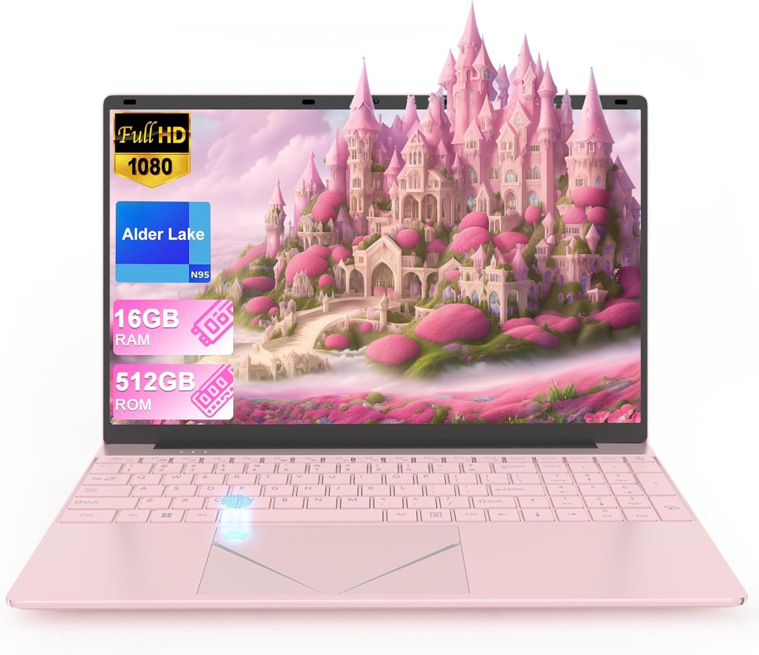 لپ تاپ رنگ صورتی 15.6 اینچی، کامپیوتر قابل حمل Alder Lake Quad Core N95، لپ تاپ با پردازنده 16GB DDR4 512GB SSD، قابل حمل با قابلیت اسکن اثر انگشت، نمایشگر IPS FHD، صفحه کلید با نور پس زمینه رنگی، WiFi5 بلوتوث 4.2، HDMI، USB3.0، 16GB RAM 512GB SSD، لپ تاپ N95 رنگ صورتی