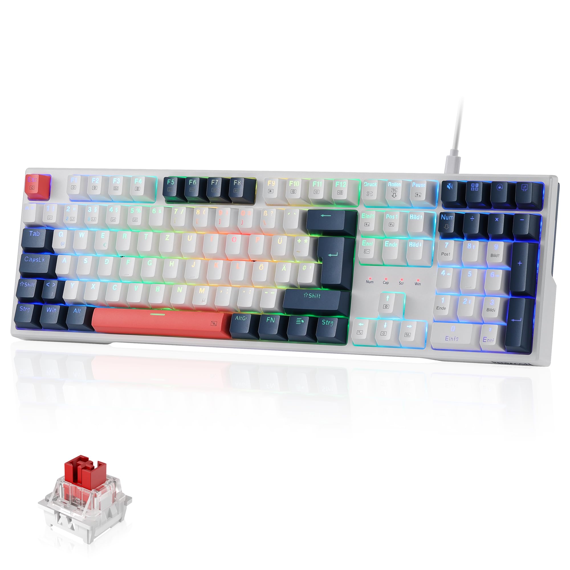 کیبرد گیمینگ سیمی Redragon K668 با لایه QWERTZ، 105+4 کلید، قابلیت Hot-Swap Socket، سوئیچ‌های قرمز ساکت و کی‌کپ‌های رنگی مختلط، نورپردازی RGB، میانبرهای چندرسانه‌ای با لایه DE و سوئیچ‌های قرمز صامت