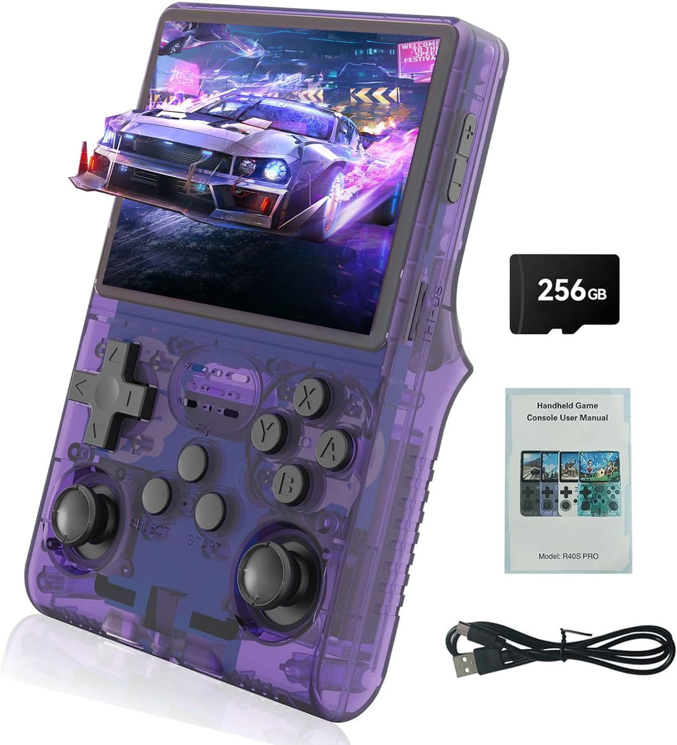 کنسول بازی دستی R40S Pro با طراحی رترو، صفحه نمایش IPS 3.5 اینچی، کنسول بازی قابل حمل با باتری 3800 میلی آمپر، سیستم عامل لینوکس همراه با کارت 256 گیگابایتی و 30000+ بازی (بنفش)