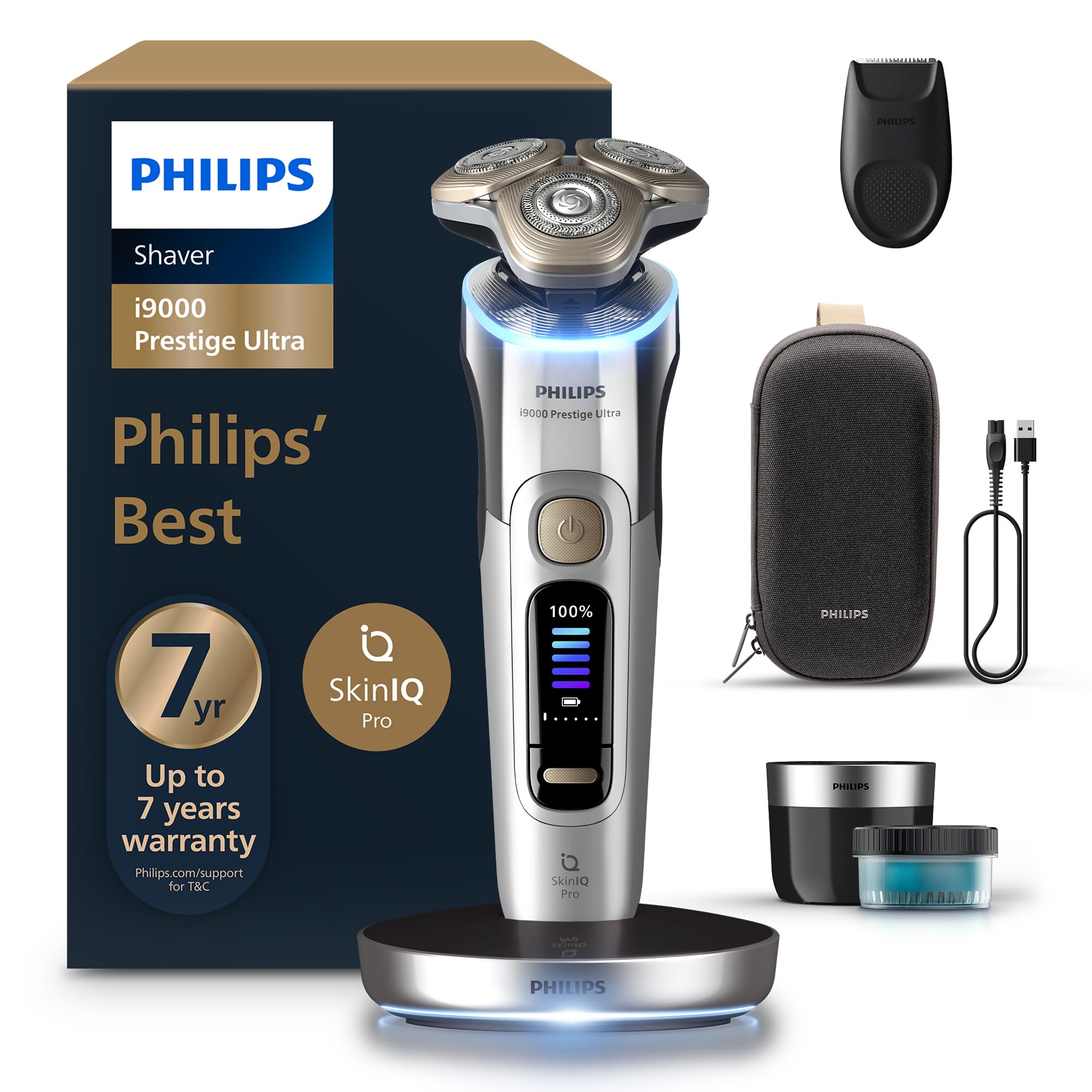 فیلیپس i9000 Prestige Ultra Shaver XP9404/31 | تیغ زنی تر و خشک | حالت نهایی نزدیک و راحت | 5 حالت | سیستم تمیزکننده سریع | استند شارژ با نورپردازی | 60 دقیقه بی‌سیم | مورد سفر 60 دقیقه، استند LED، کپسول تمیزکننده، تراش‌موی بینی