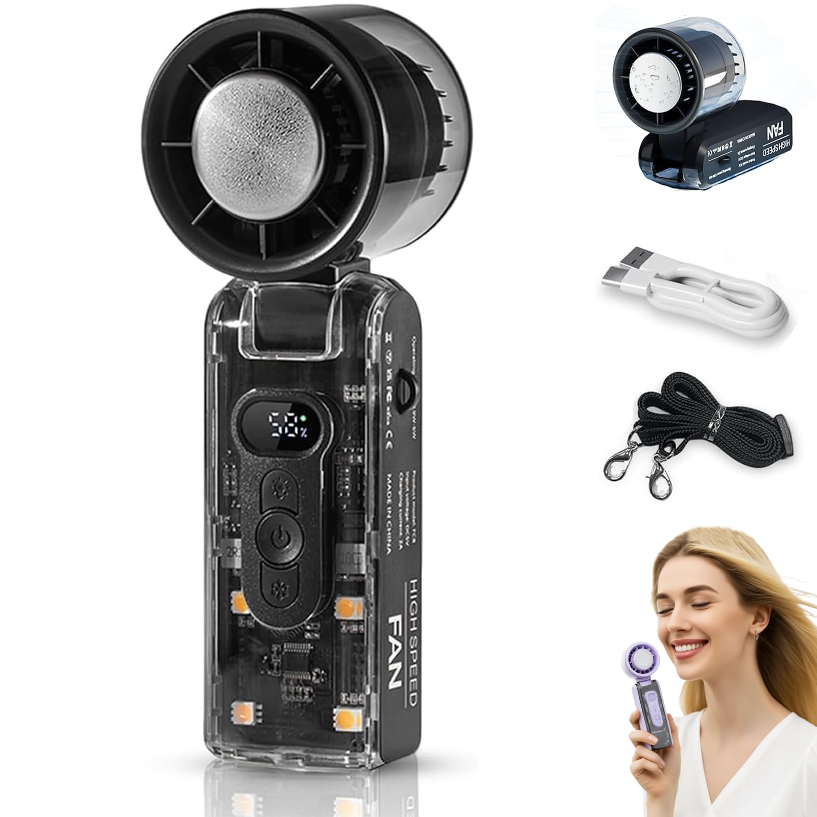 بادگیر دستی IceRush Turbo - دارای پلاک سرد کننده فوری و چراغ LED، 3 در یک فن های کوچک، فن توربو دستی قابل حمل با خنک شدن یخ، 5 سرعت قابل شارژ باطری قابل تاشو (مشکی)