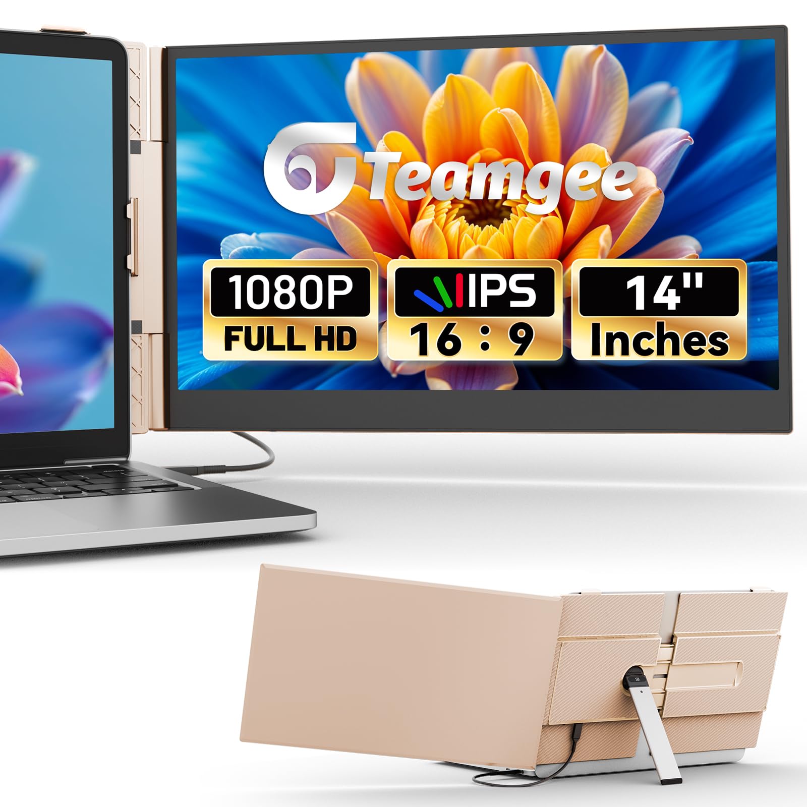مونیتور قابل حمل Teamgee 14 اینچ برای صفحه نمایش لپ تاپ، نازک و سبک، Full HD IPS، استند چرخان 360 درجه، قاب جداپذیر، پلاگین و پخش USB-C، نورپردازی RGB، رزگلد، حاشیه‌های باریک 14 اینچی