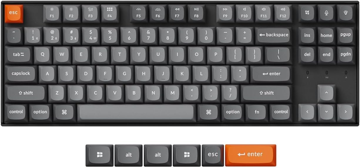 کیبرد مکانیکی بی‌سیم Keychron K8 Max QMK - 87 کلیدی TKL (80٪) ISO، سه حالت (2.4GHz / BT 5.1 / سیمی)، سوییچ‌های فوق‌العاده Hot-Swappable، RGB، PBT عربی-انگلیسی، باتری 4000mAh