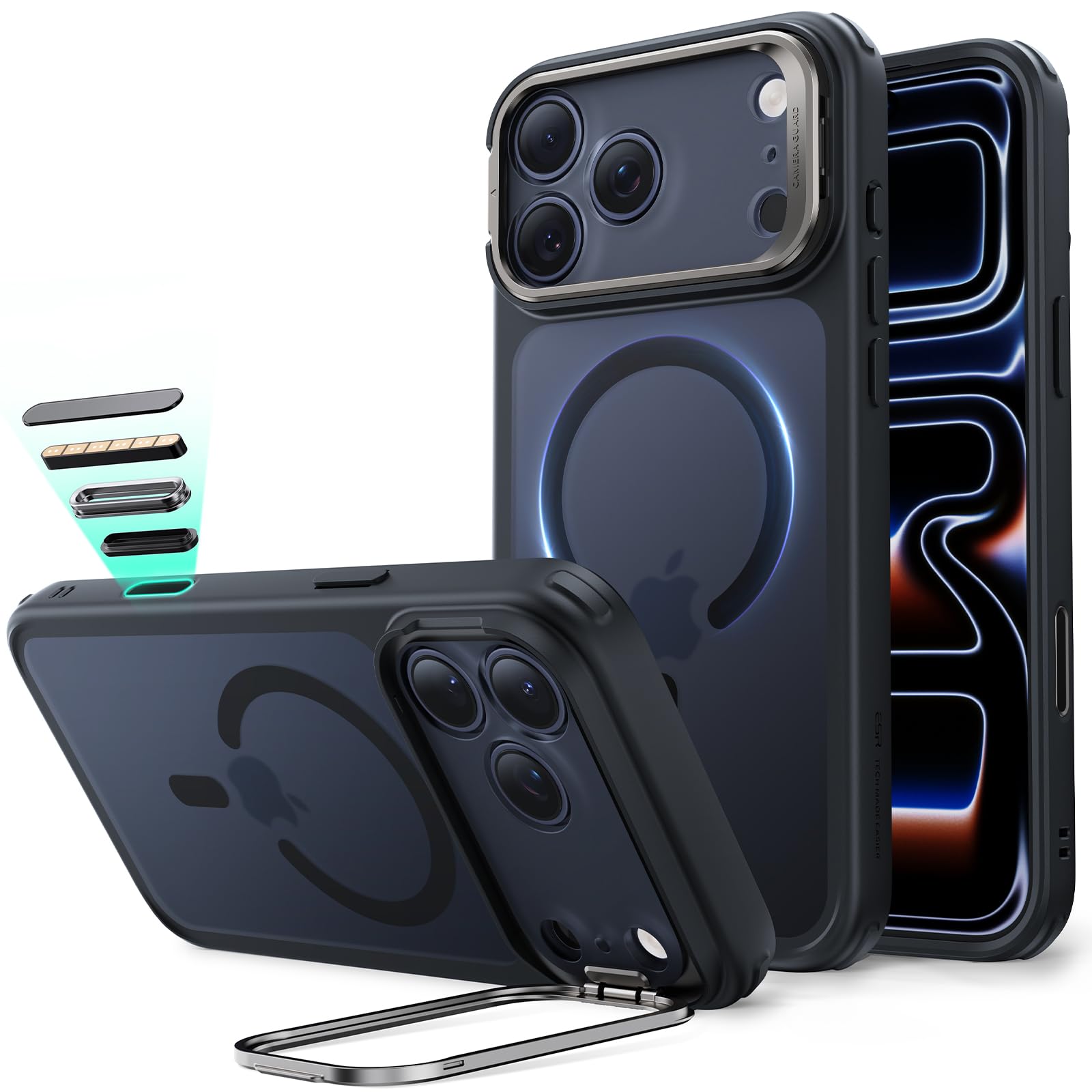 محافظ ESR برای iPhone 17 Pro Max با استند، درپوش دوربین قابل استفاده با MagSafe، حافظه ضد ضربه نظامی با جذب مغناطیسی، محافظ گوشی در برابر خط و خش، پشتی گرد و خاکستری مات مخصوص iPhone 17 Pro Max سیاه مات مخصوص iPhone 17 Pro Max